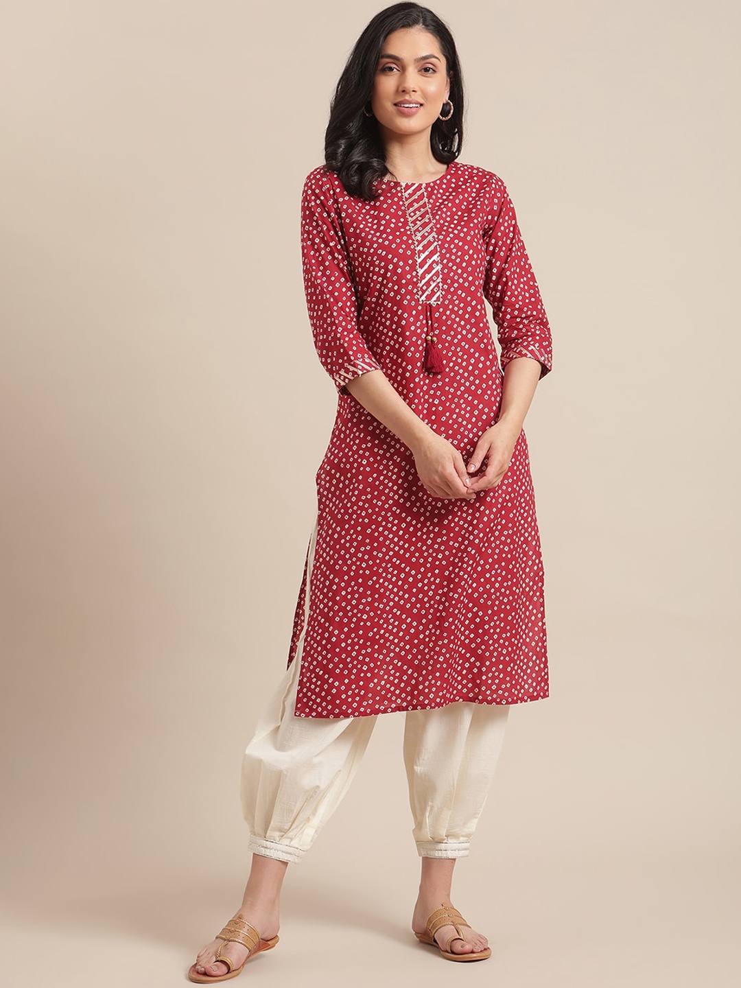 

Varanga Women Red & Beige Bandhani Printed Kurta