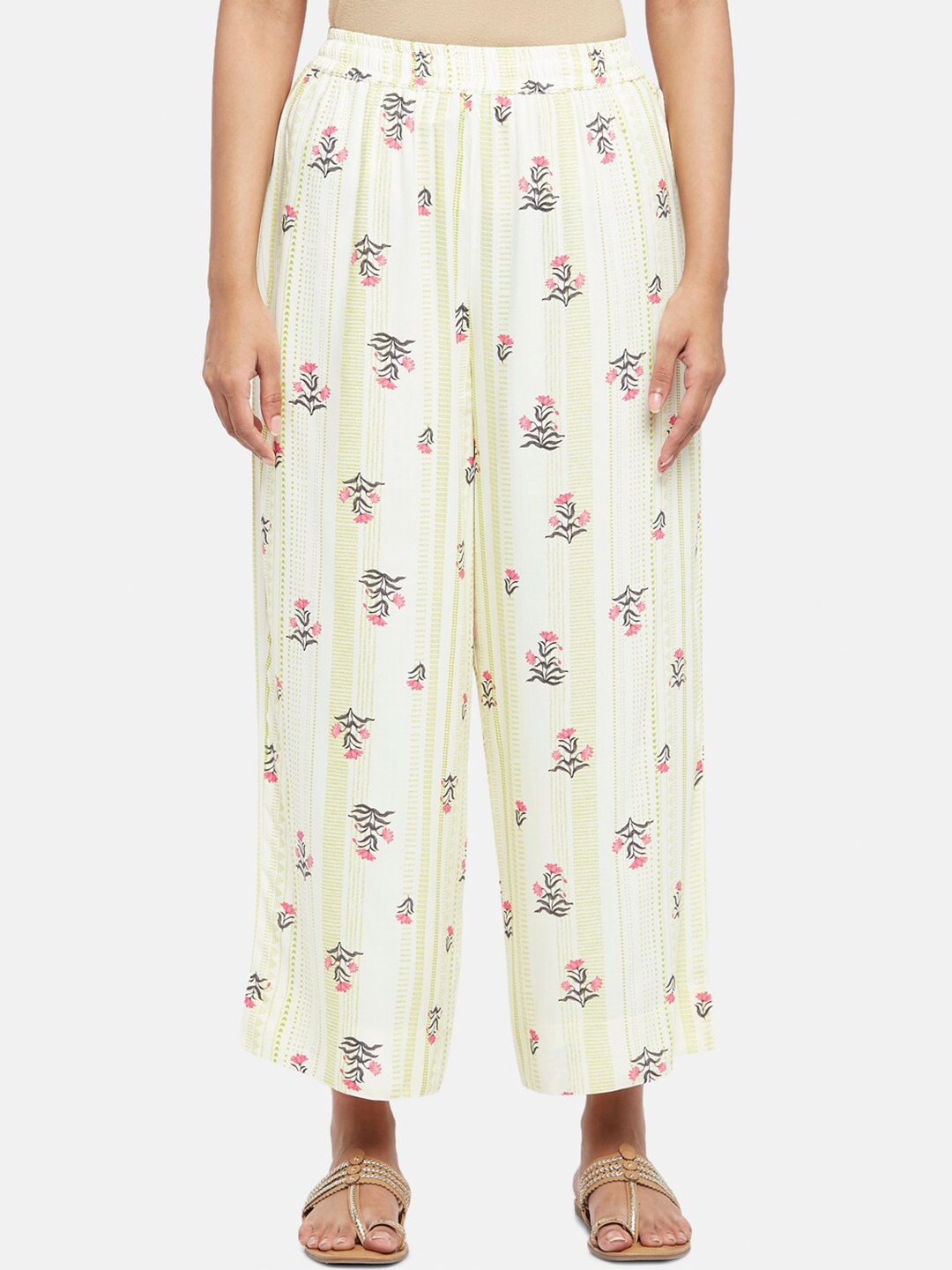 

RANGMANCH BY PANTALOONS Women Off White & Lime Green Floral Printed Ethnic Palazzos