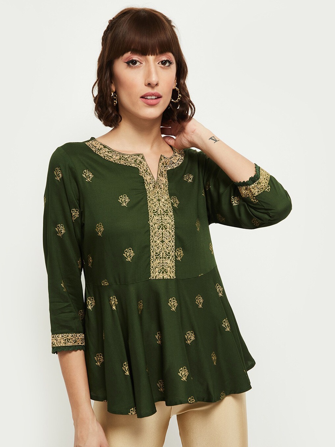 

max Women Green Printed A-Line Top