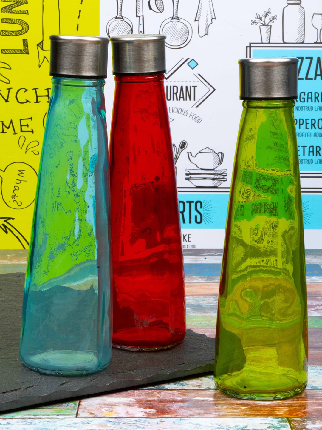 

White Gold Gold Set Of 3 Solid Glass Water Bottles, Red