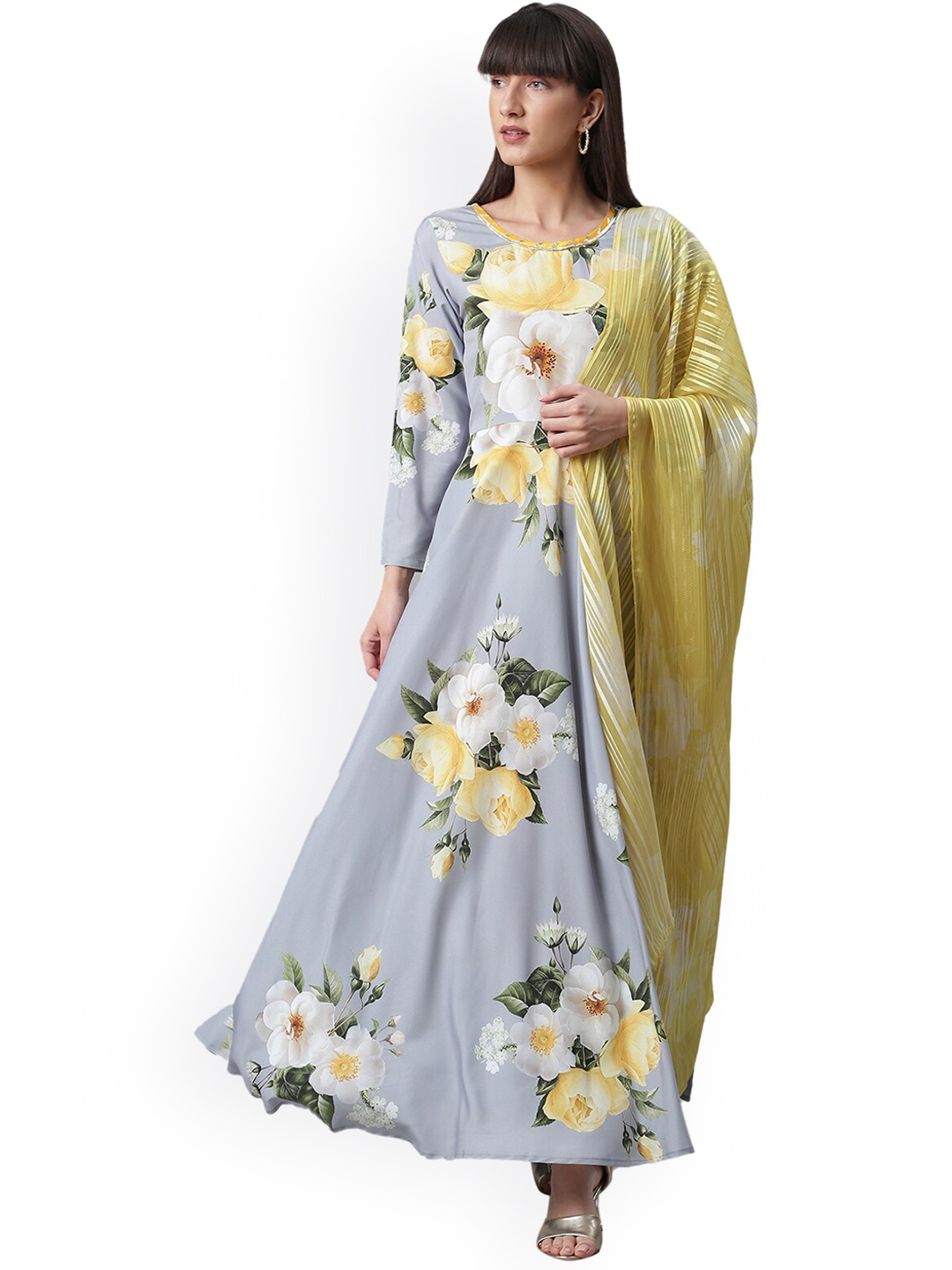 

Ahalyaa Grey & Yellow Floral Crepe Maxi Dress with Dupatta