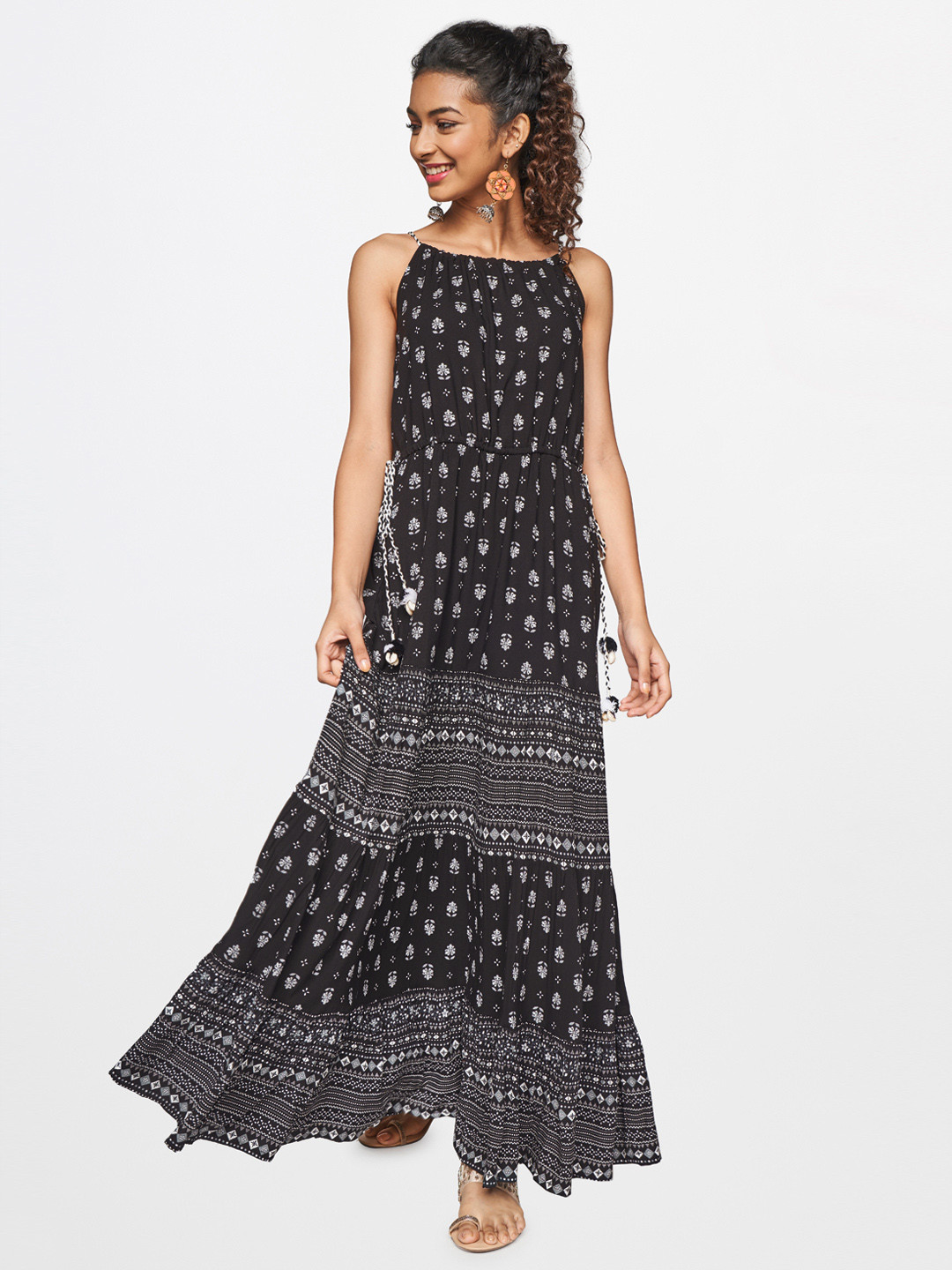 

Global Desi Black & White Ethnic Motifs Halter Neck Maxi Dress