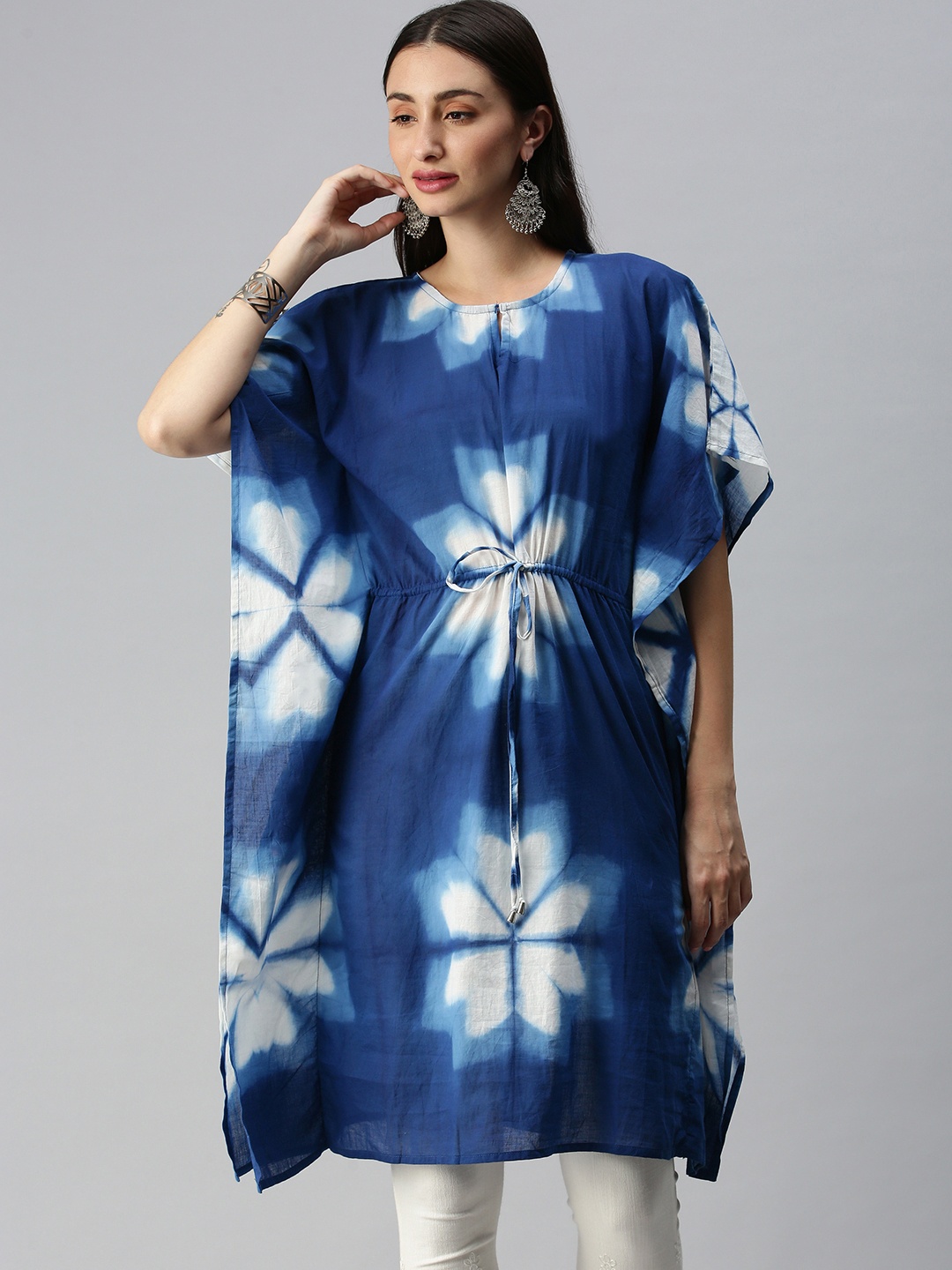 

Global Desi Women Blue & White Dyed Flared Sleeves Kaftan Kurta