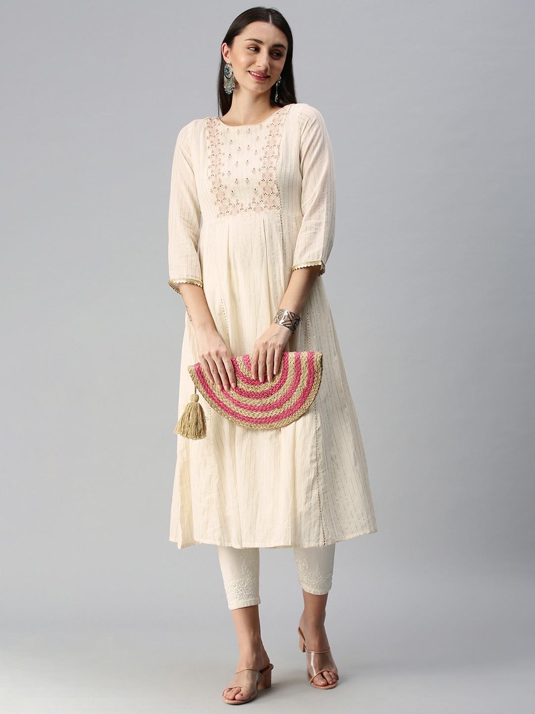 

Global Desi Women Off White & Pink Striped Embroidery Detail Kurta