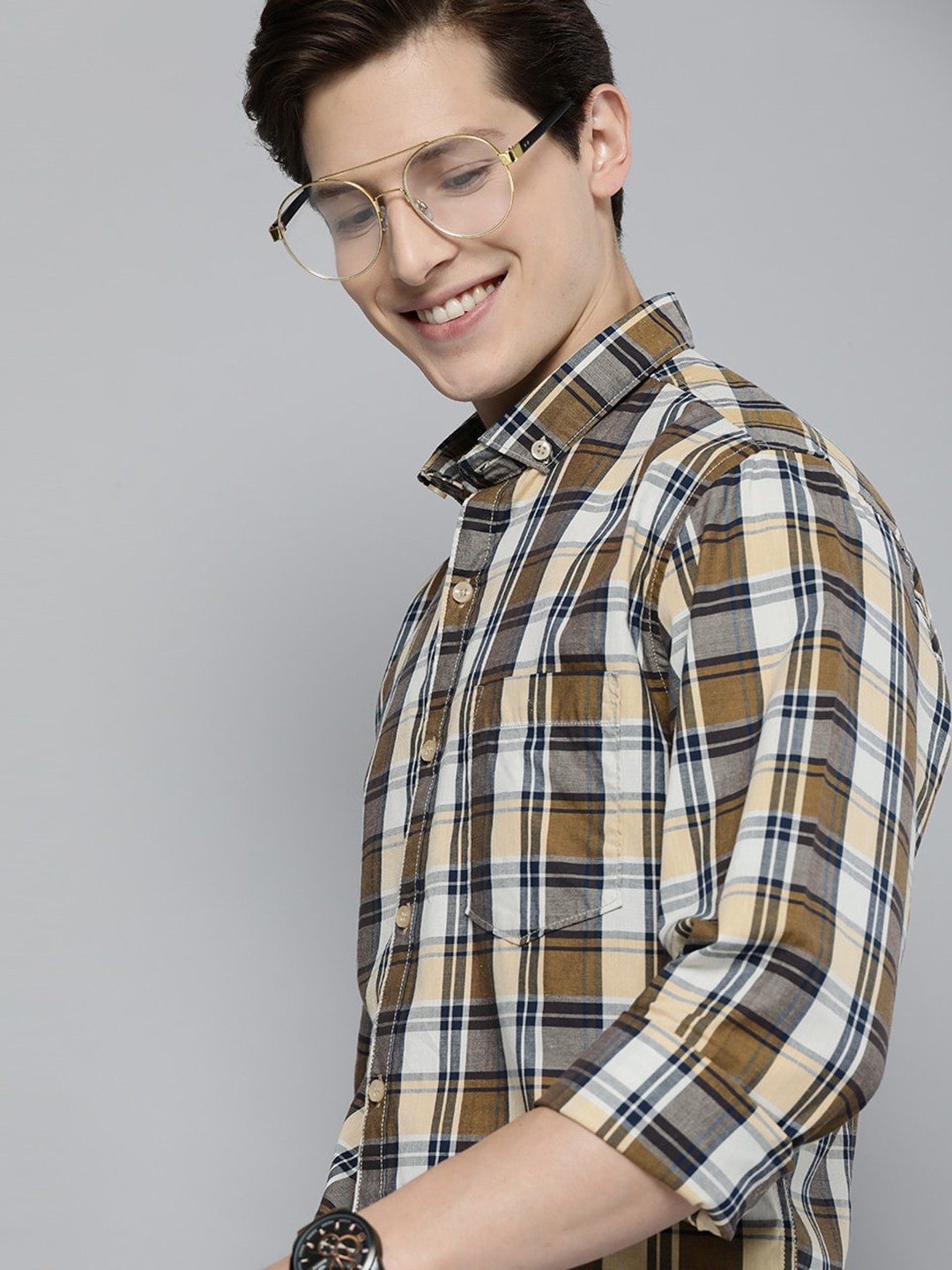 

Mast & Harbour Men Brown & Cream Coloured Checked Pure Cotton Slim Fit Casual Shirt
