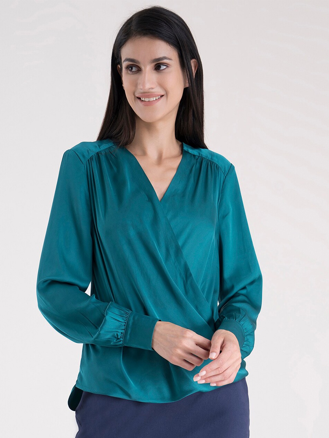 

FableStreet Women Green Satin Wrap Top