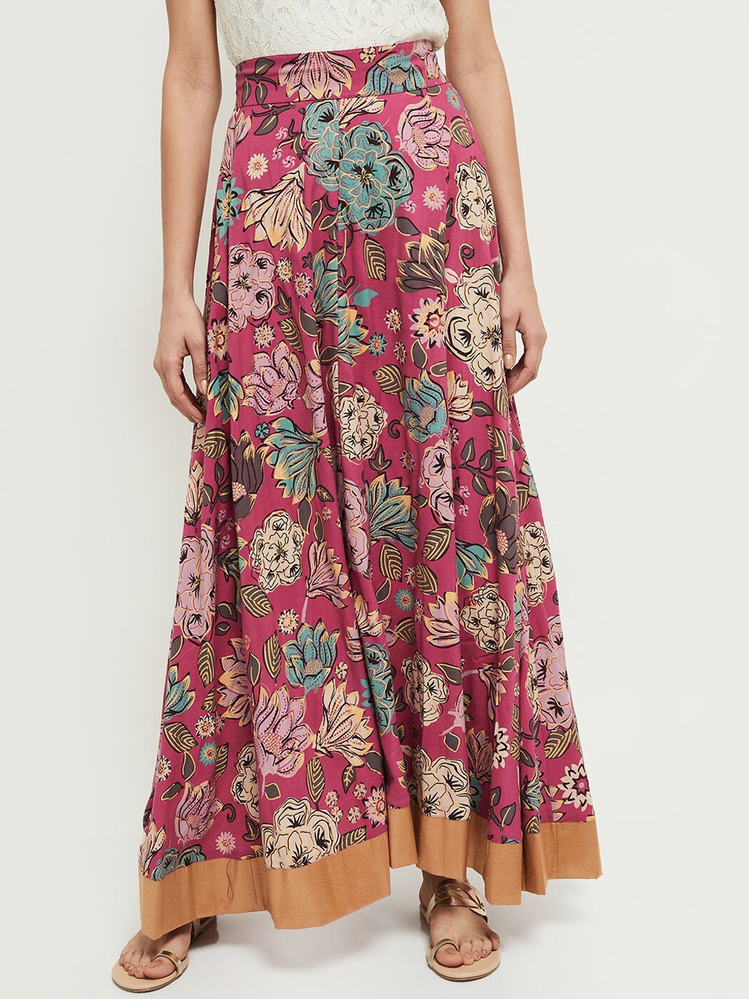 

max Women Pink & Brown Floral Printed Flared Maxi Skirt