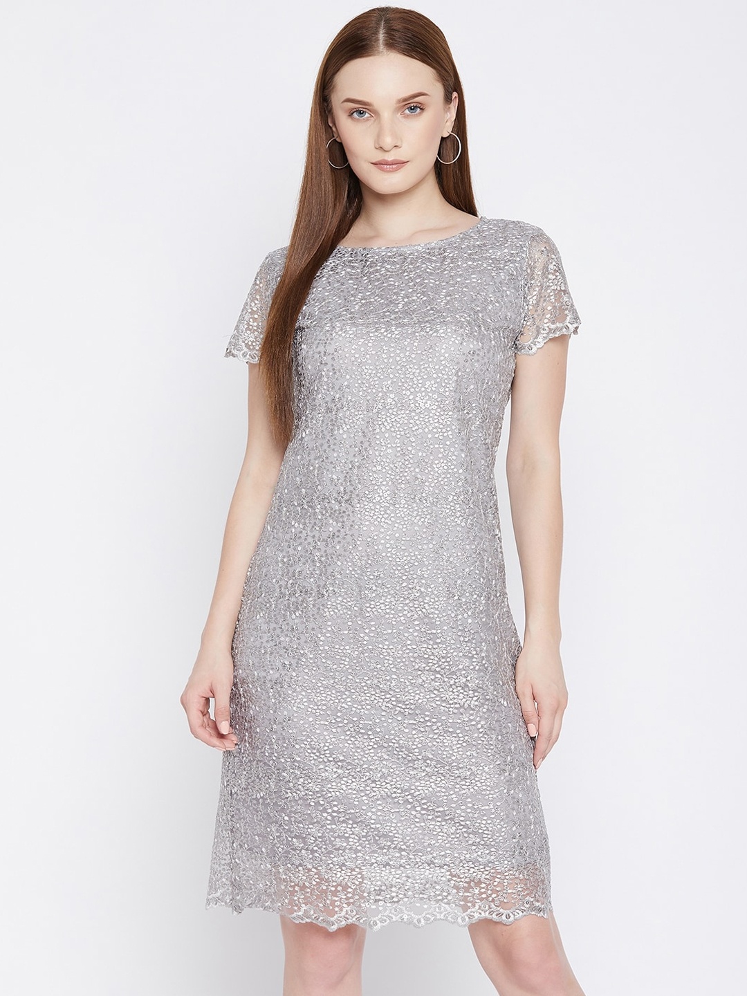

Ruhaans Silver-Toned Embellished Net Sheath Dress