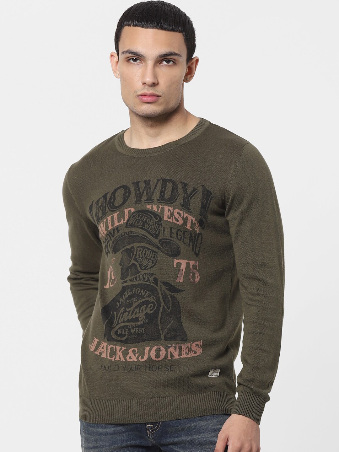 

Jack & Jones Men Olive Green & Black Typography Printed Pure Cotton Pullover Sweater