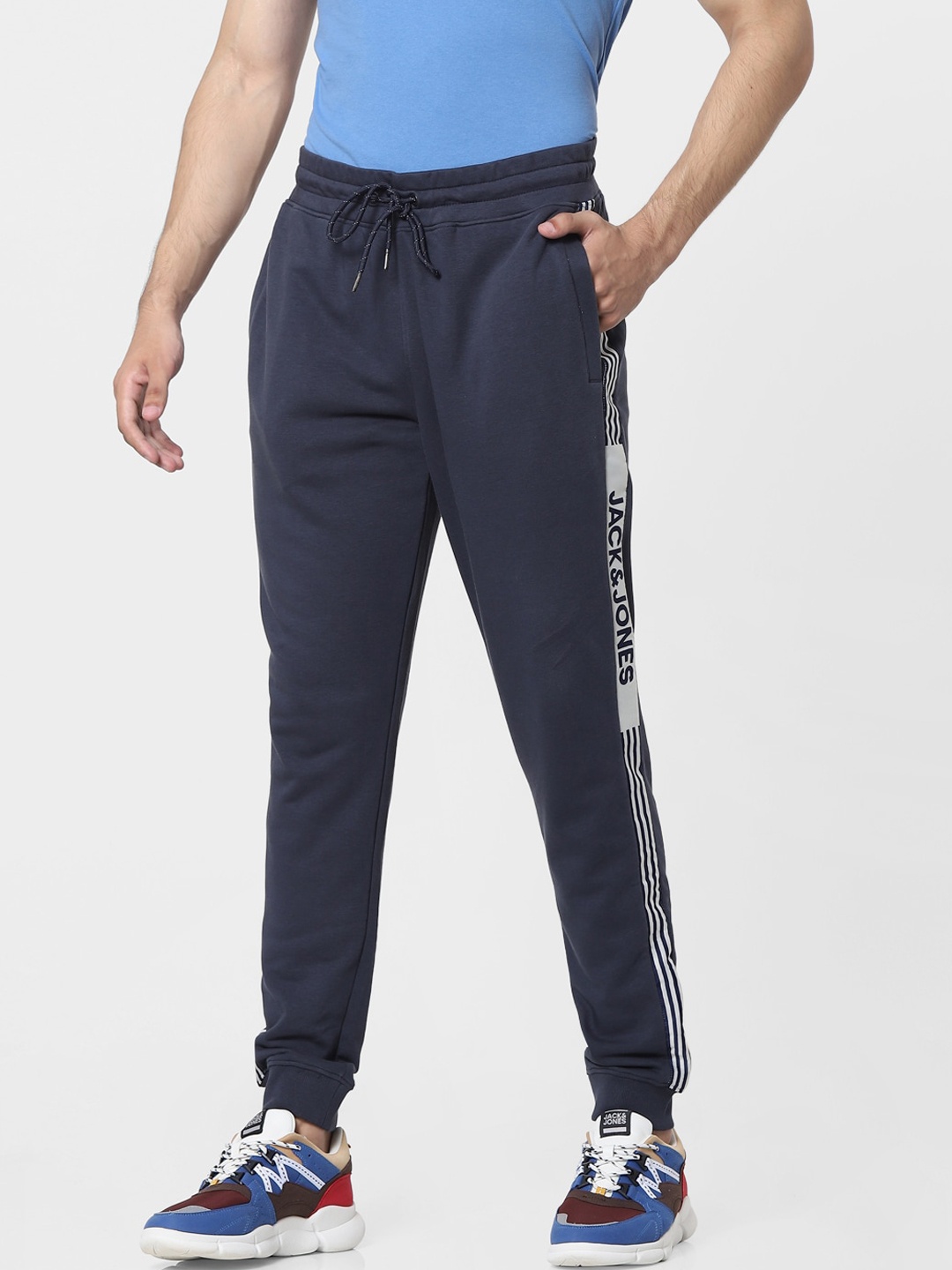 

Jack & Jones Men Navy Blue Typography Printed Cotton Joggers