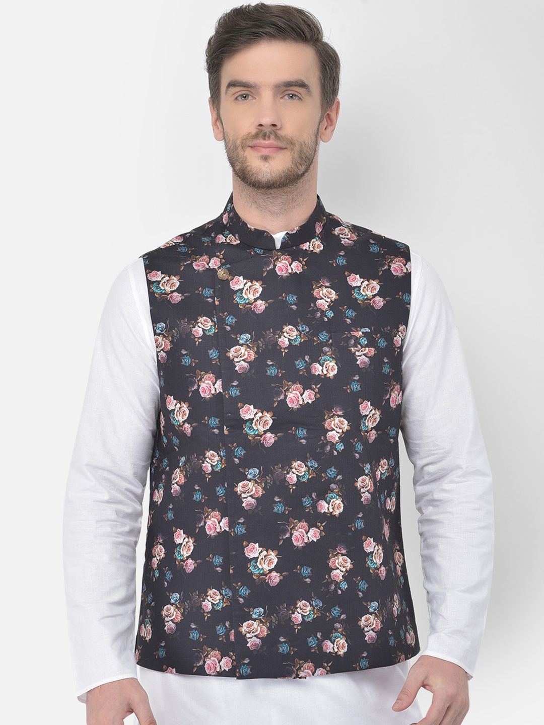 

TABARD Men Black & Pink Printed Pure Cotton Woven Nehru Jacket