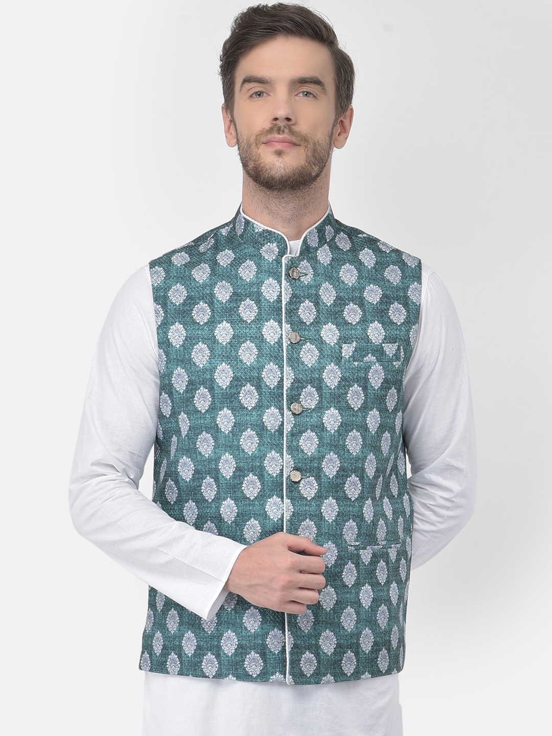 

TABARD Men Green & White Printed Woven Pure Cotton Nehru Jacket