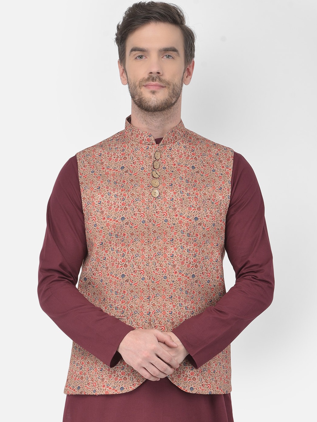 

TABARD Men Beige-Colored & Blue Printed Pure Cotton Nehru Jacket