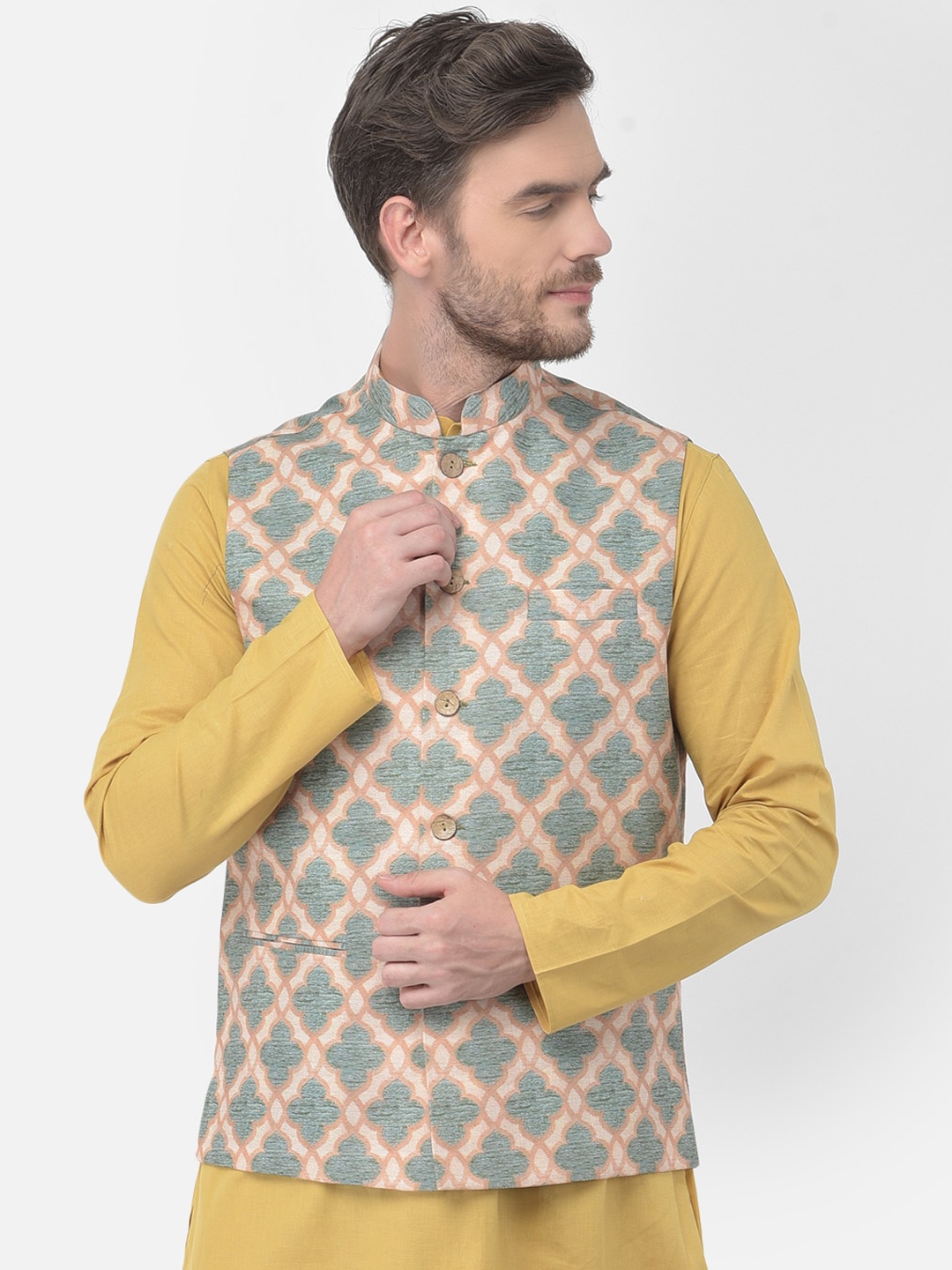 

TABARD Men Green & White Printed Pure Cotton Nehru Jacket