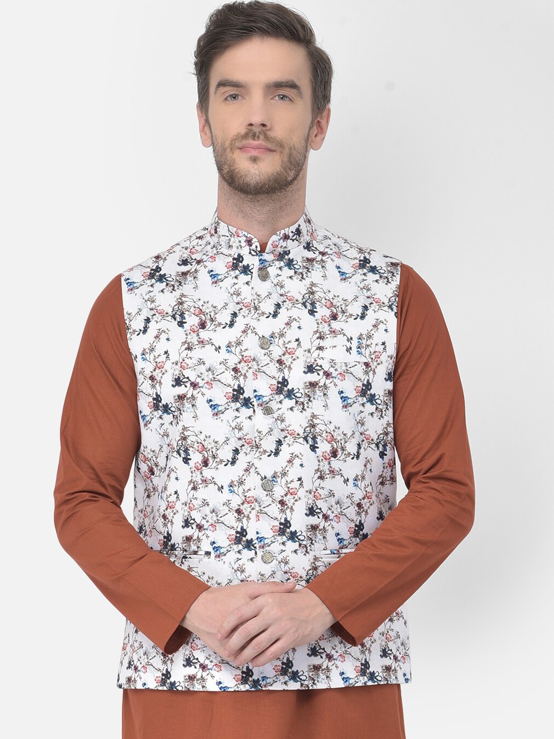 

TABARD Men White & Blue Printed Pure Cotton Nehru Jacket