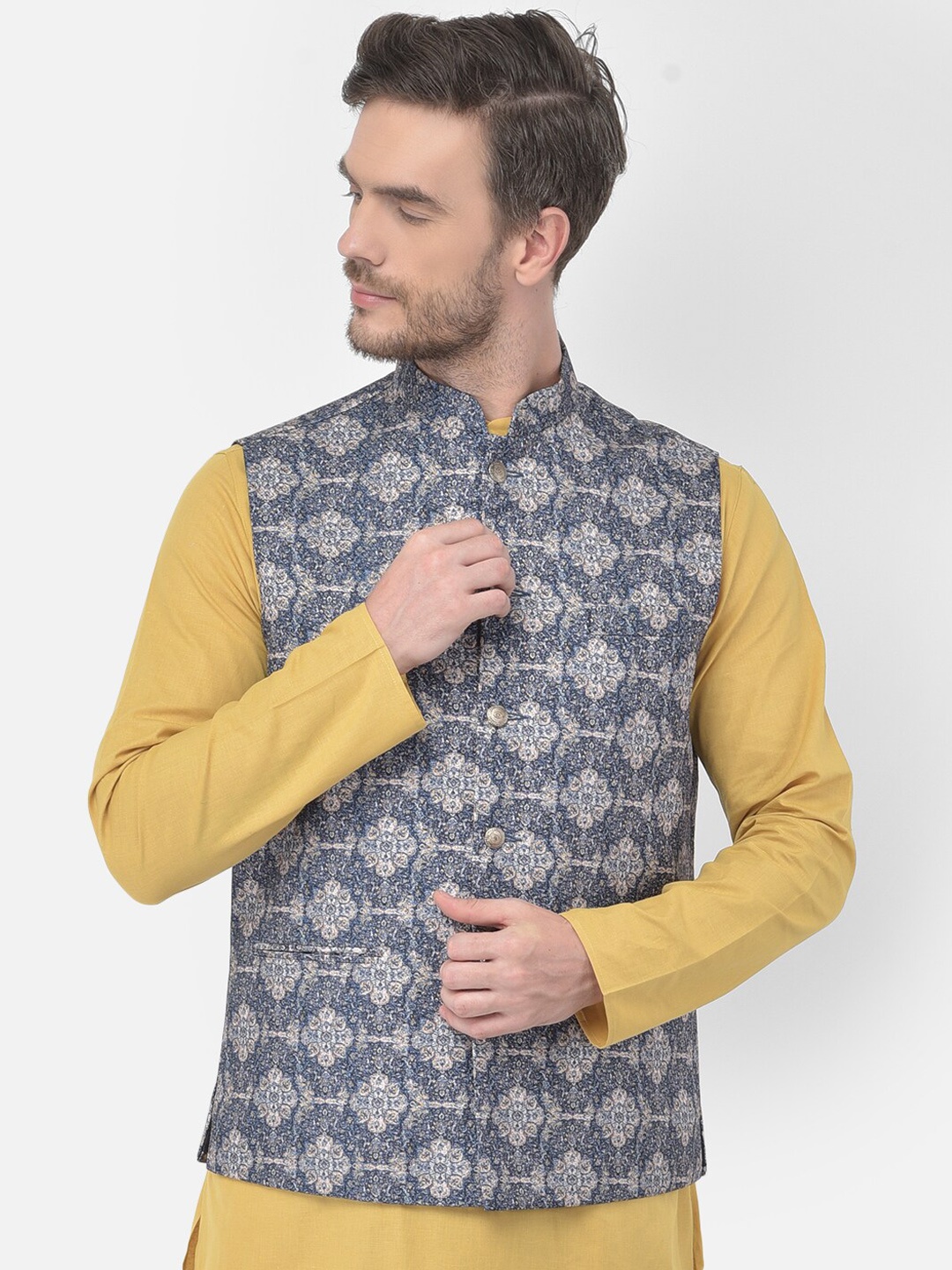 

TABARD Men Blue Printed Pure Cotton Nehru Jacket