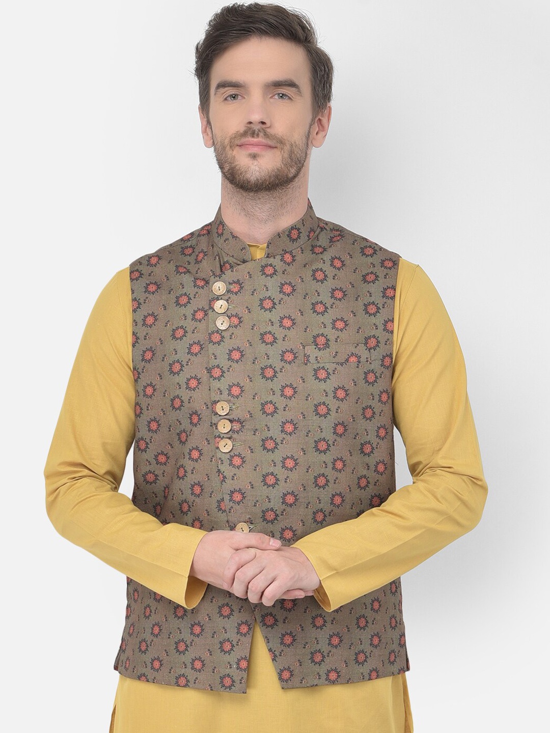 

TABARD Men Olive-Green & Peach-Coloured Printed Pure Cotton Woven Nehru Jacket