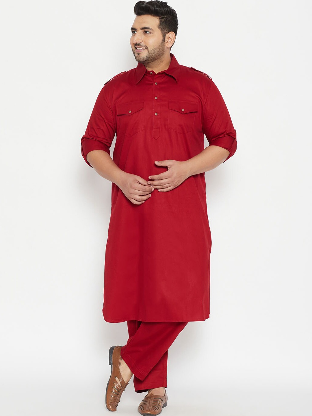 

VASTRAMAY Men Plus Size Maroon Solid Pathani Regular Kurta With Pyjamas