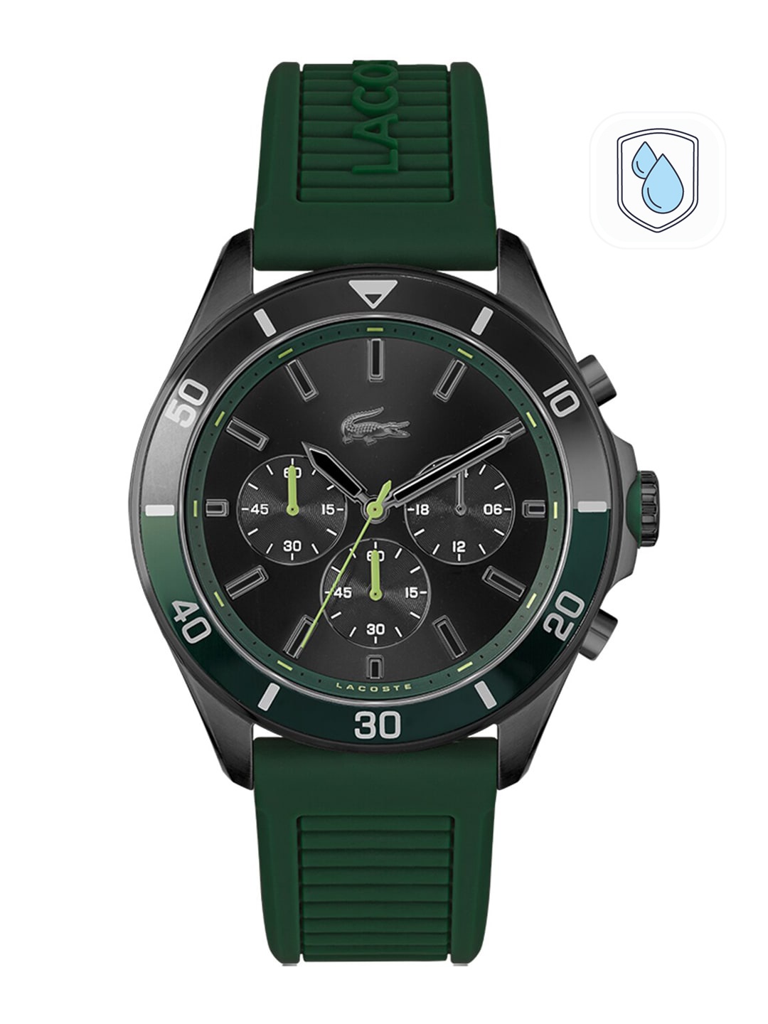 

Lacoste Men Black Brass Embellished Dial & Green Straps Analogue Watch