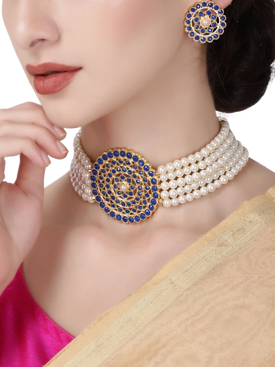 

Shining Diva Gold-Plated Blue Stone Studded Choker Necklace Set
