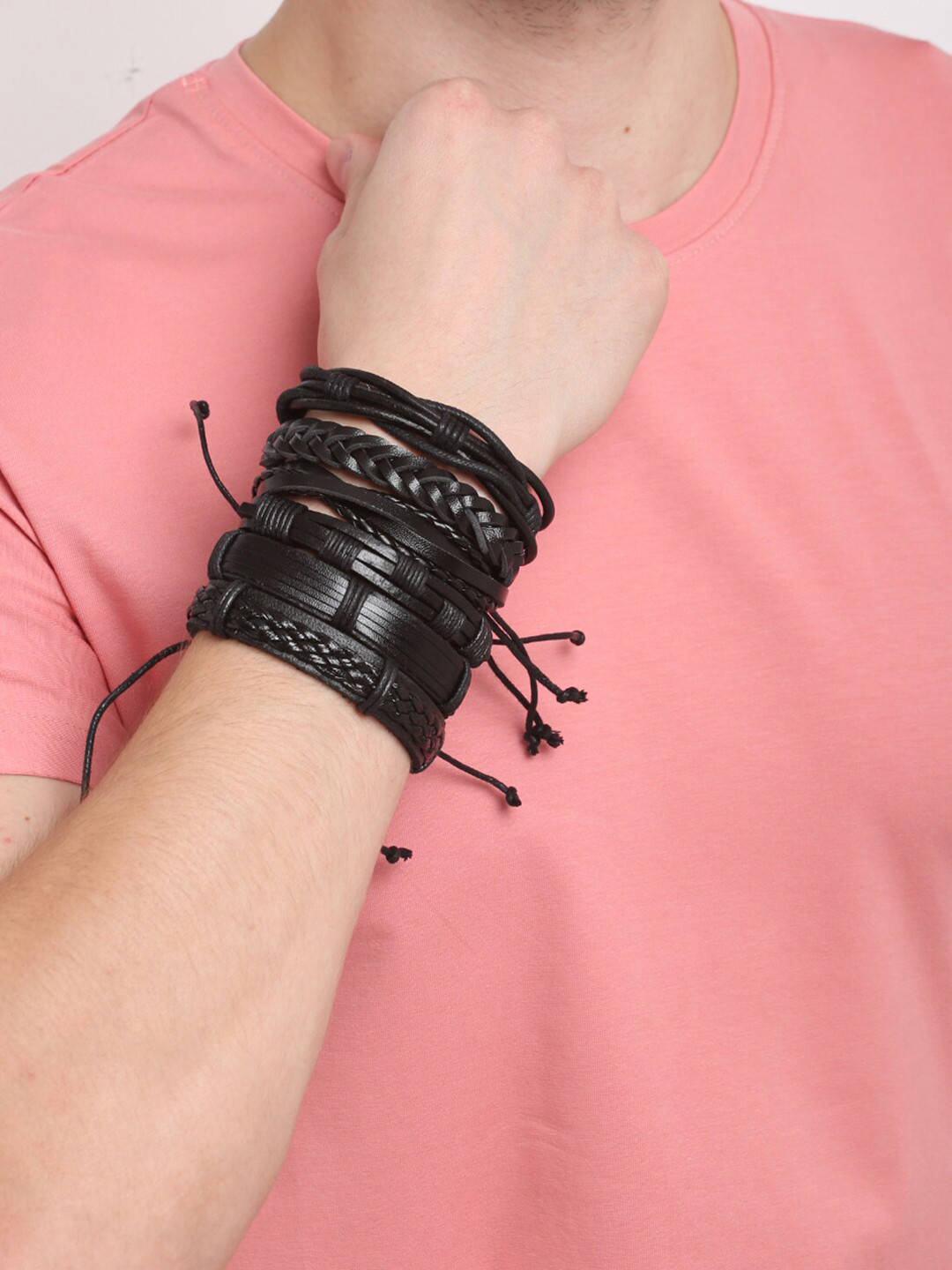 

Shining Diva Fashion Men 6 Black Leather Multistrand Bracelet