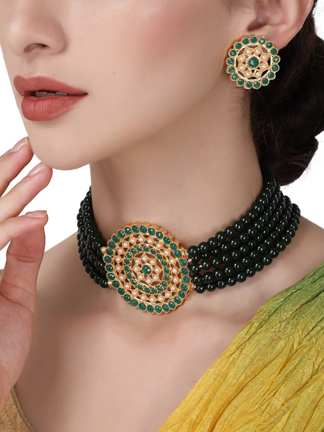 

Shining Diva Gold-Plated Green & White Pearl Beaded Antique Jewellery Set