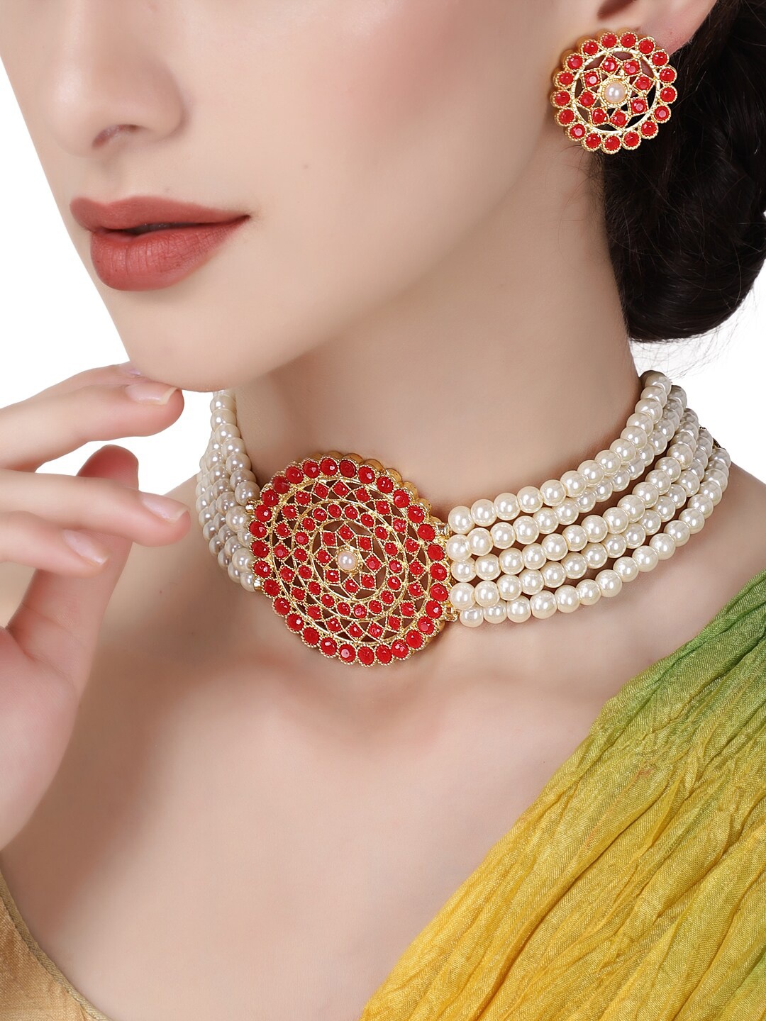 

Shining Diva Gold-Plated Red & White Stone-Studded & Pearl Beaded Antique Jewellery Set