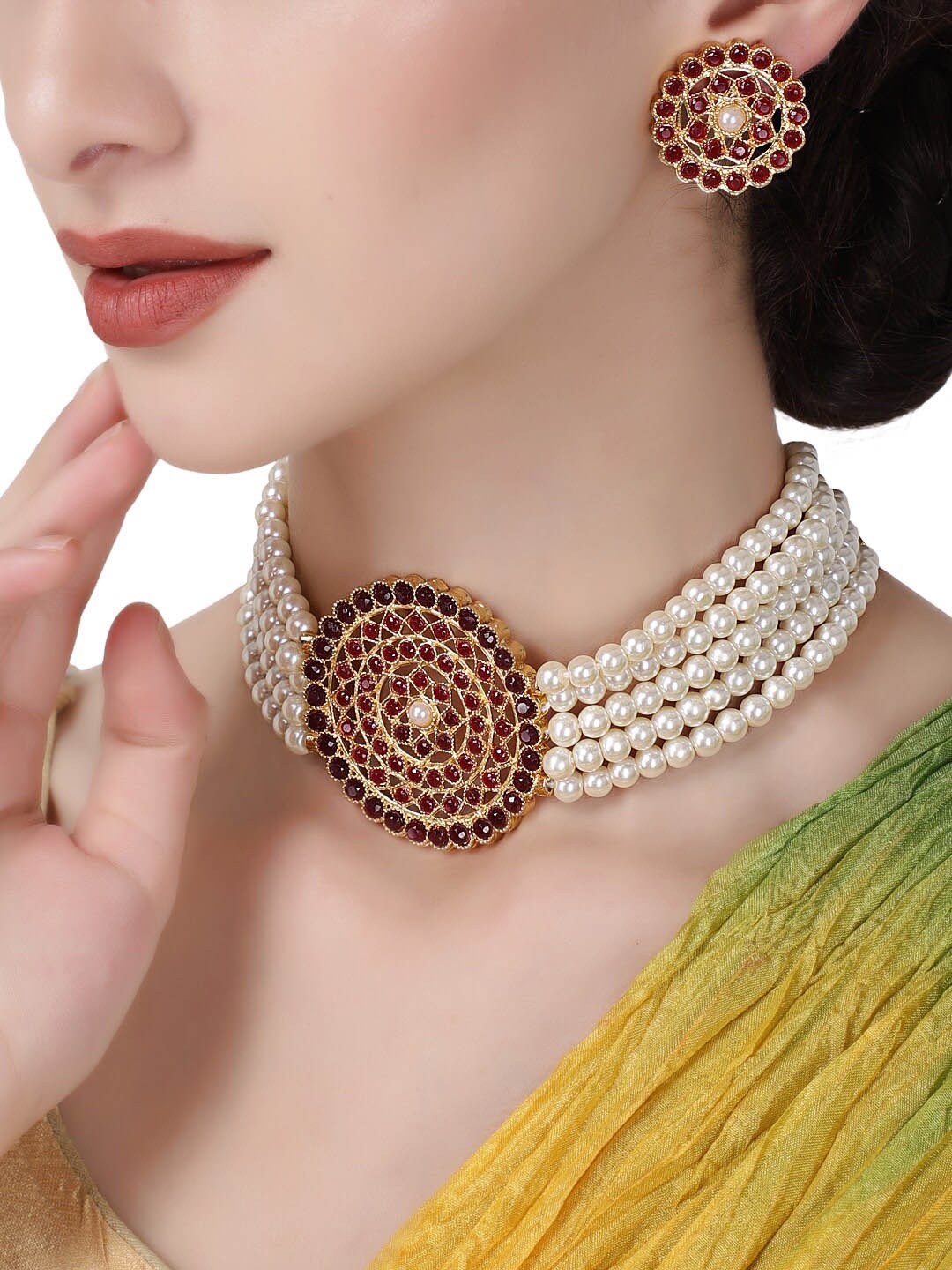 

Shining Diva Gold-Plated Maroon & White Stone-Studded & Pearl Beaded Antique Jewellery Set