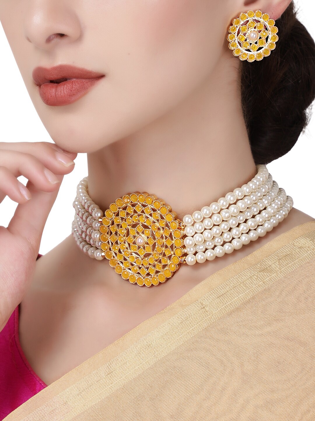 

Shining Diva Gold-Plated Yellow Stone-Studded & White Pearl Beaded Antique Jewellery Set