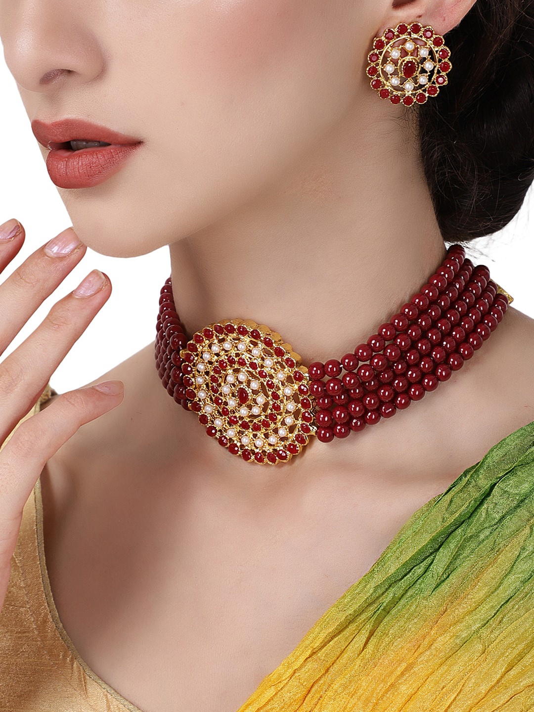 

Shining Diva Gold-Plated Maroon & White Stone-Studded & Pearl Beaded Antique Jewellery Set