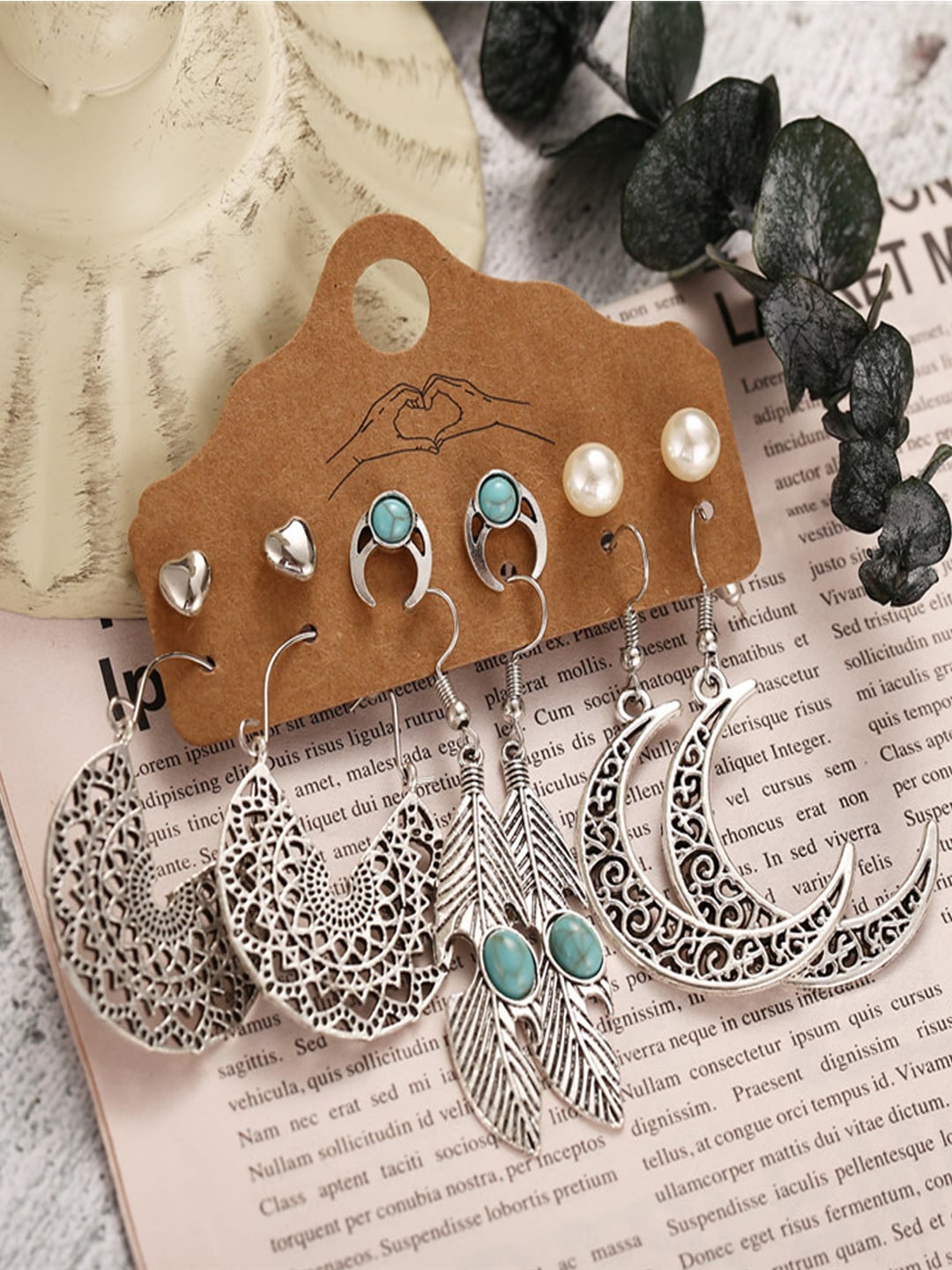 

Shining Diva Fashion Set Of 6 Oxidised Drop and Stud Earrings, Silver