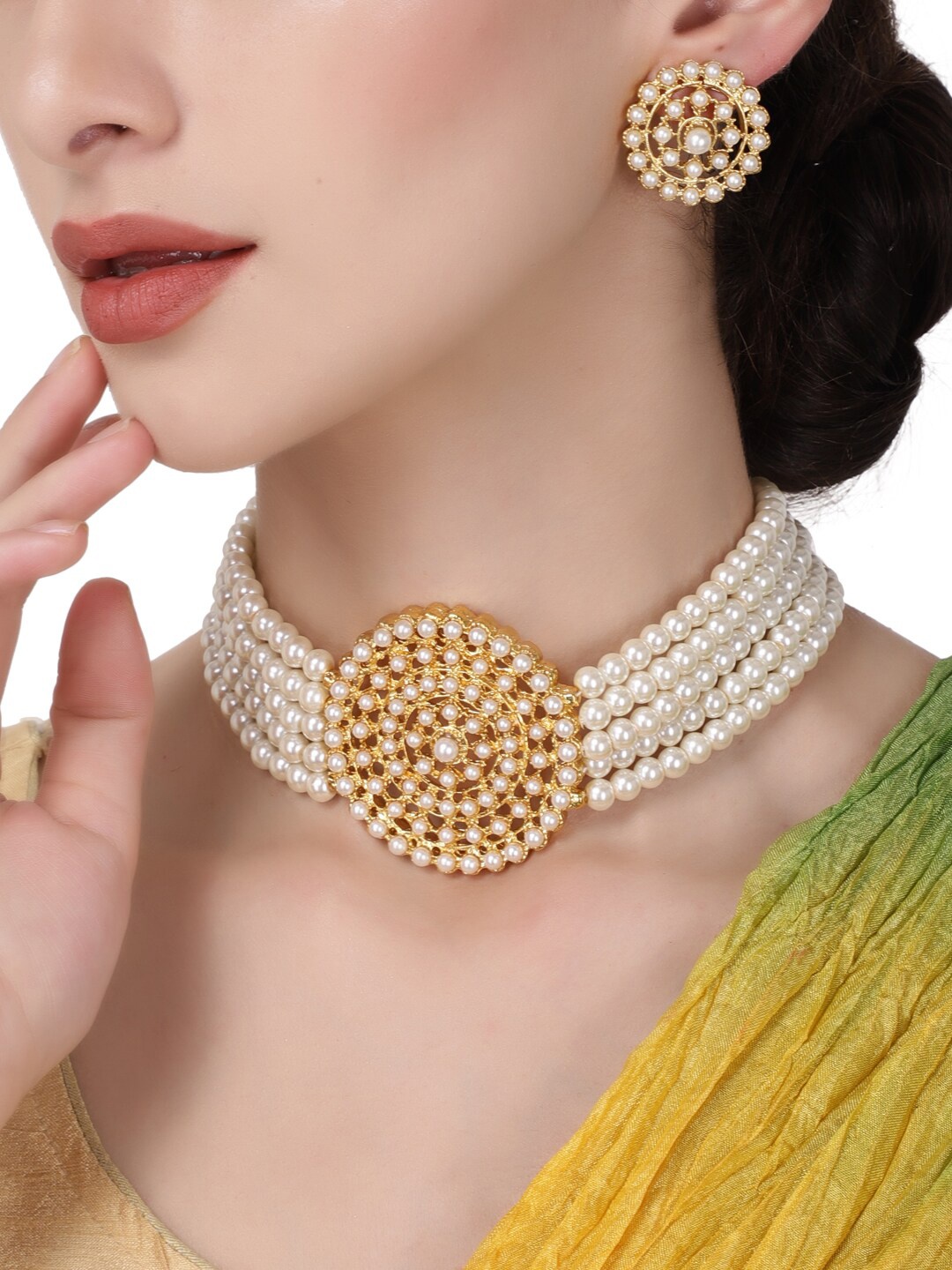 

Shining Diva Gold-Plated White Stone-Studded & Pearl Beaded Antique Jewellery Set