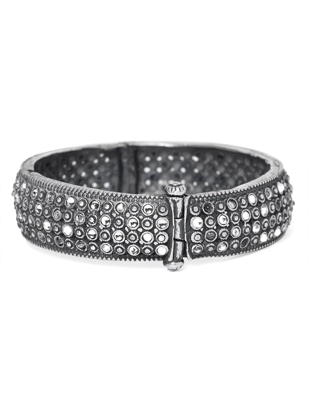 

Rubans Oxidised Silver Plated Antique Finish White Stone Studded Bangle Style Bracelet