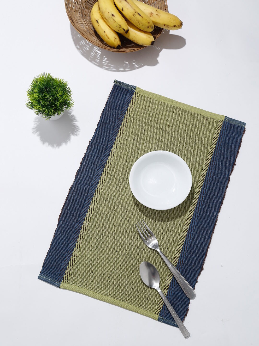 

Fabindia Set Of 6 Green & Navy Blue Woven-Design Cotton Table Placemats