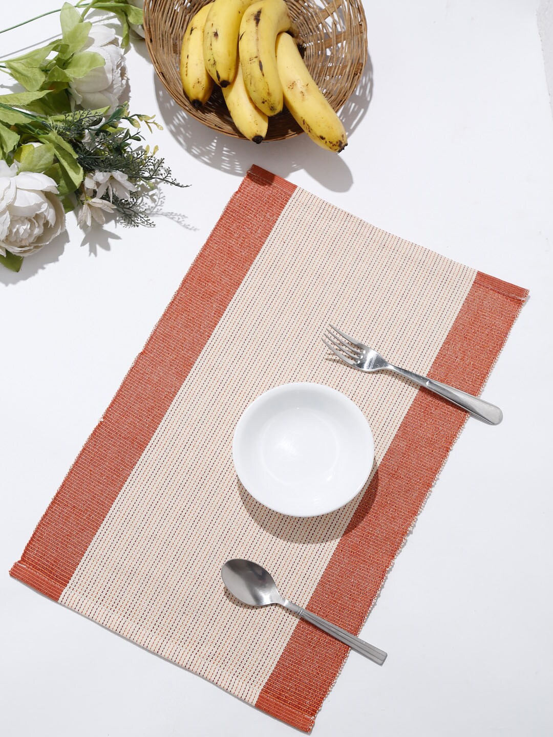 

Fabindia Set Of 4 Rust Orange & White Woven-Design Cotton Table Placemats