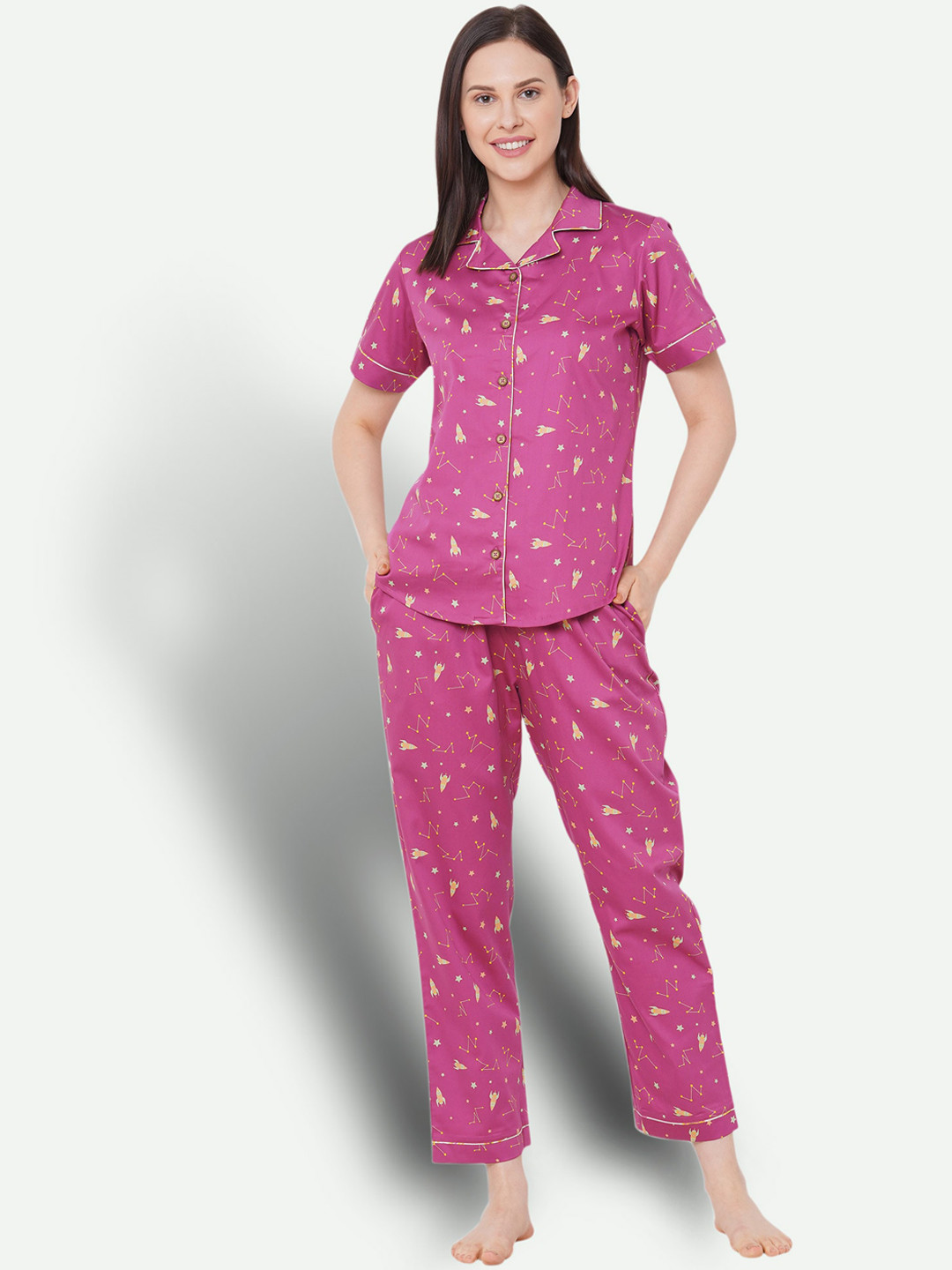 

CASA DE NEE NEE Women Pink & Yellow Printed Pure Cotton Night Suit