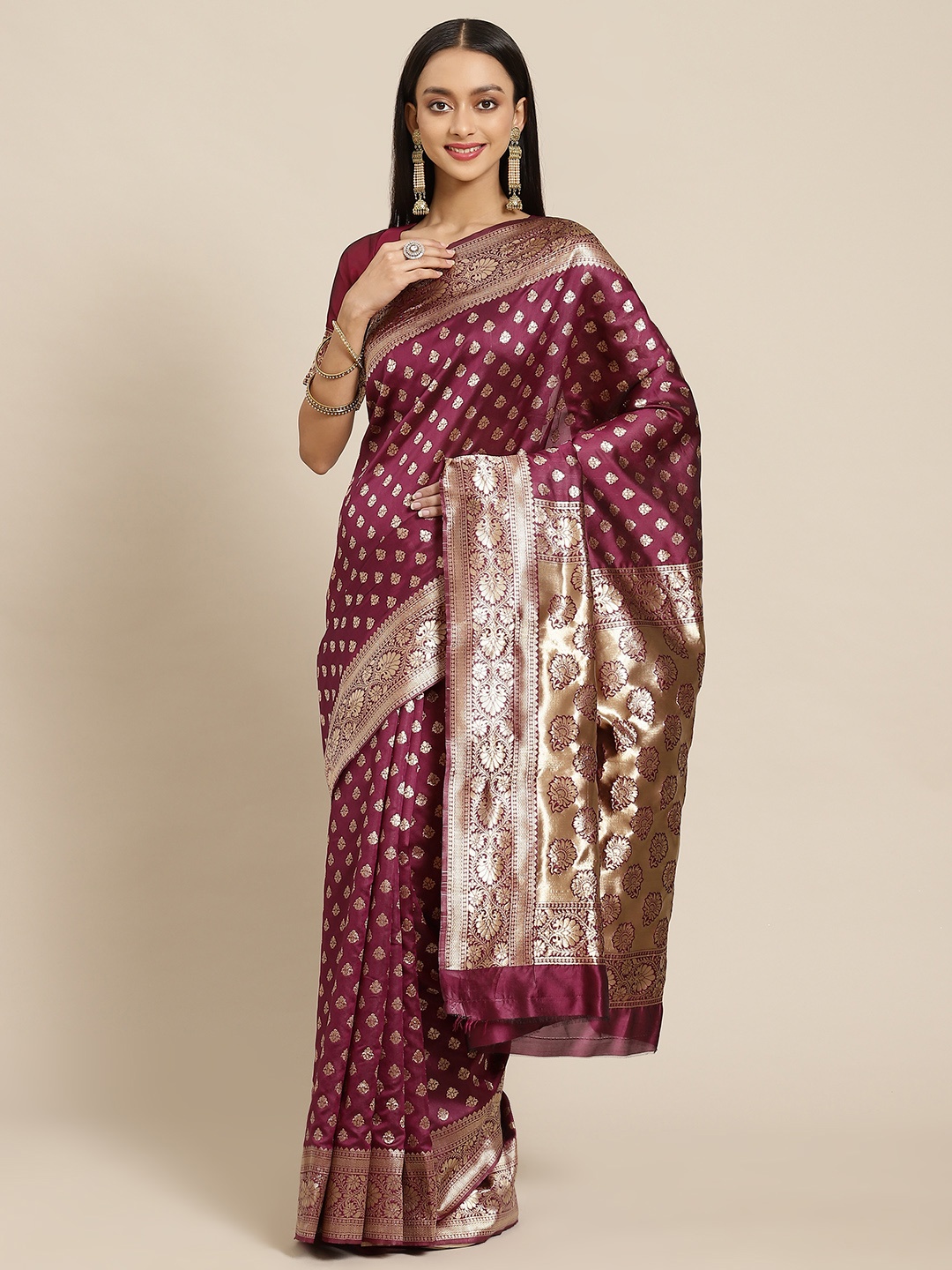 

SARIYA Maroon & Gold-Toned Woven Design Silk Blend Banarasi Saree