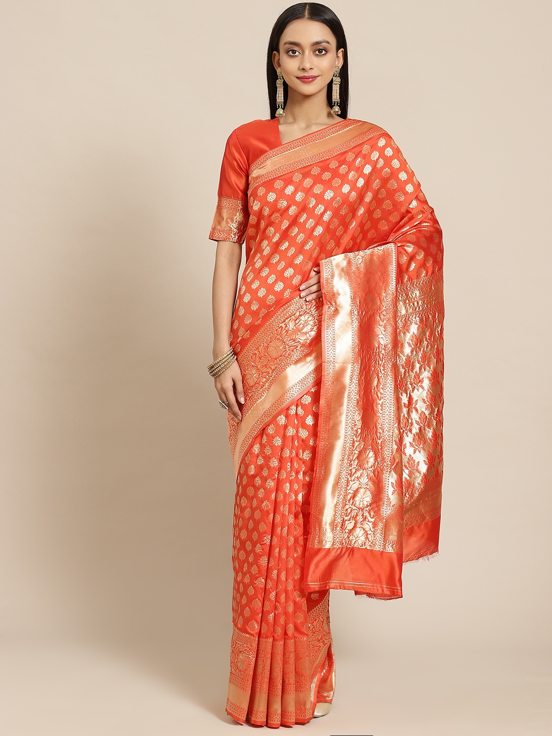 SARIYA Orange & Gold-Toned Woven Design Silk Blend Banarasi Saree