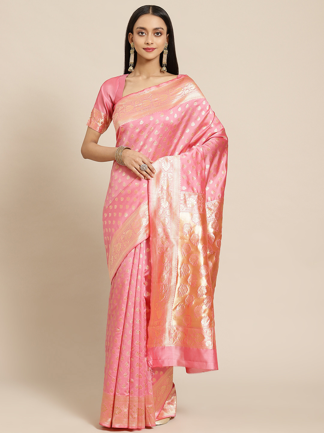 

SARIYA Pink & Gold-Toned Woven Design Silk Blend Banarasi Saree