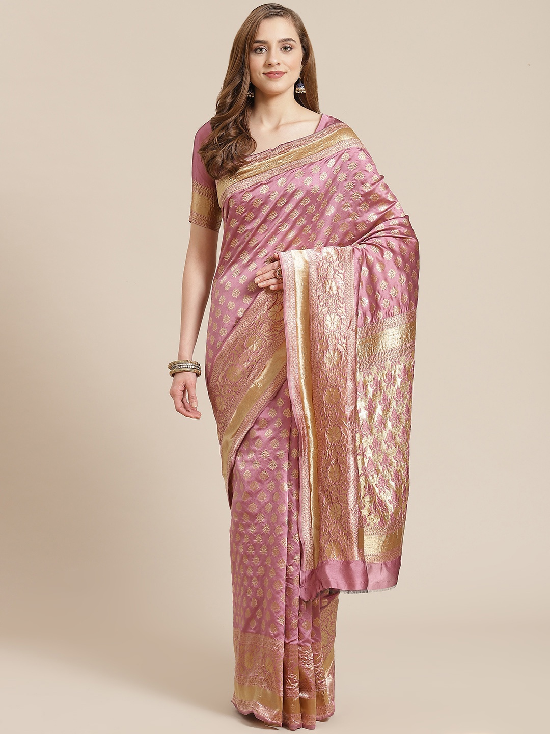

SARIYA Pink & Golden Woven Design Zari Silk Blend Banarasi Saree