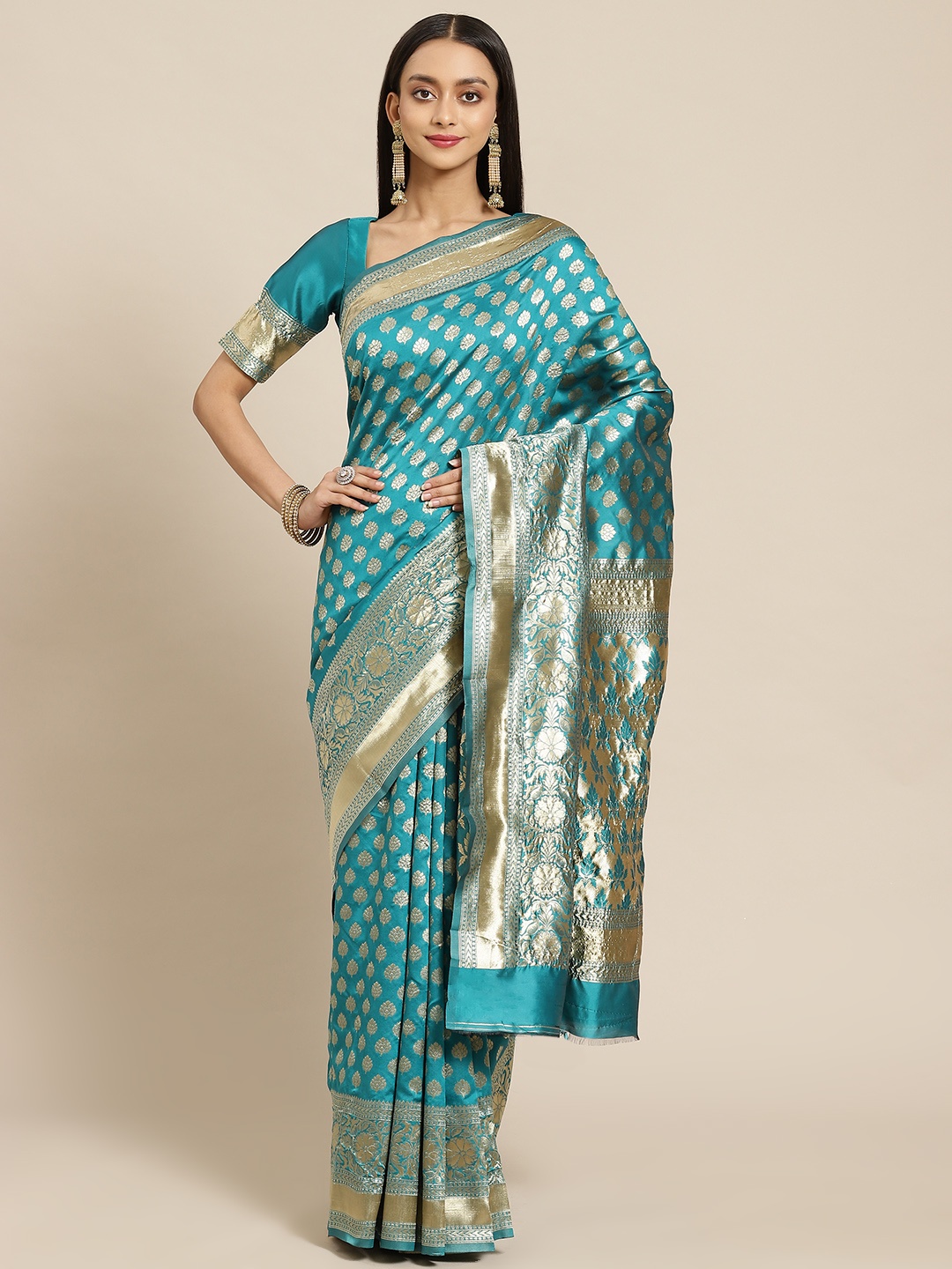 

SARIYA Sea Green & Gold-Toned Woven Design Silk Blend Banarasi Saree