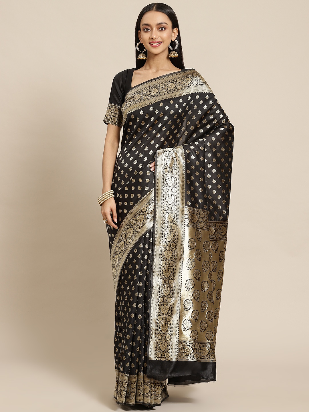 

SARIYA Black & Gold-Toned Woven Design Silk Blend Banarasi Saree
