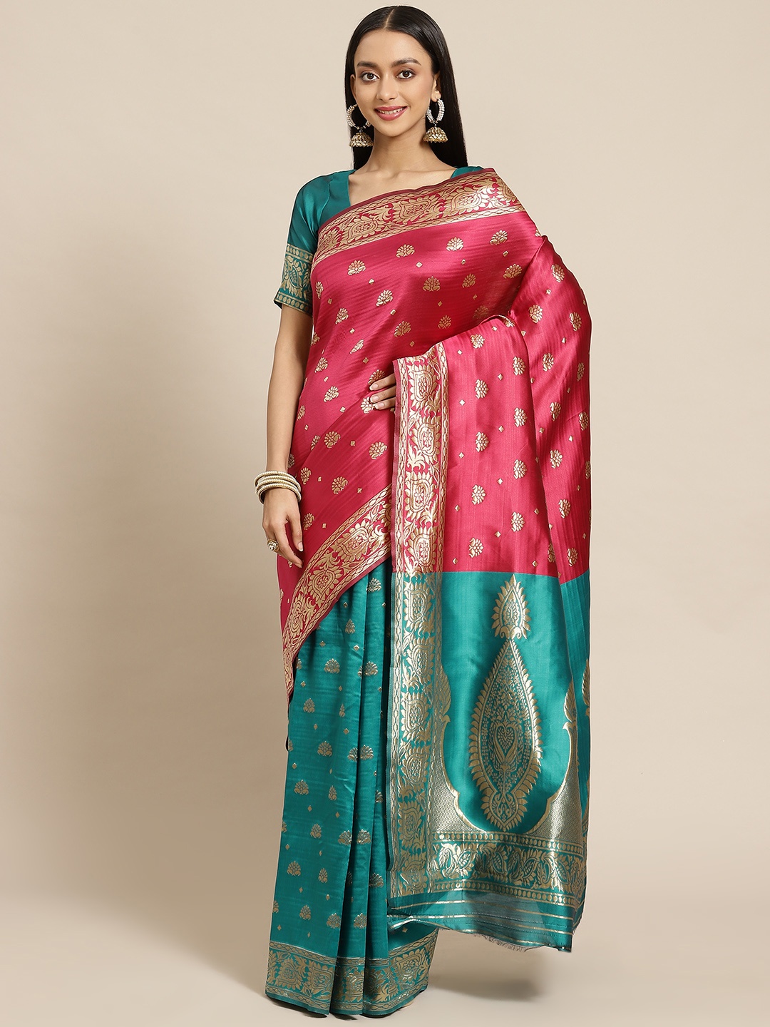 

SARIYA Magenta & Blue Woven Design Silk Blend Banarasi Saree