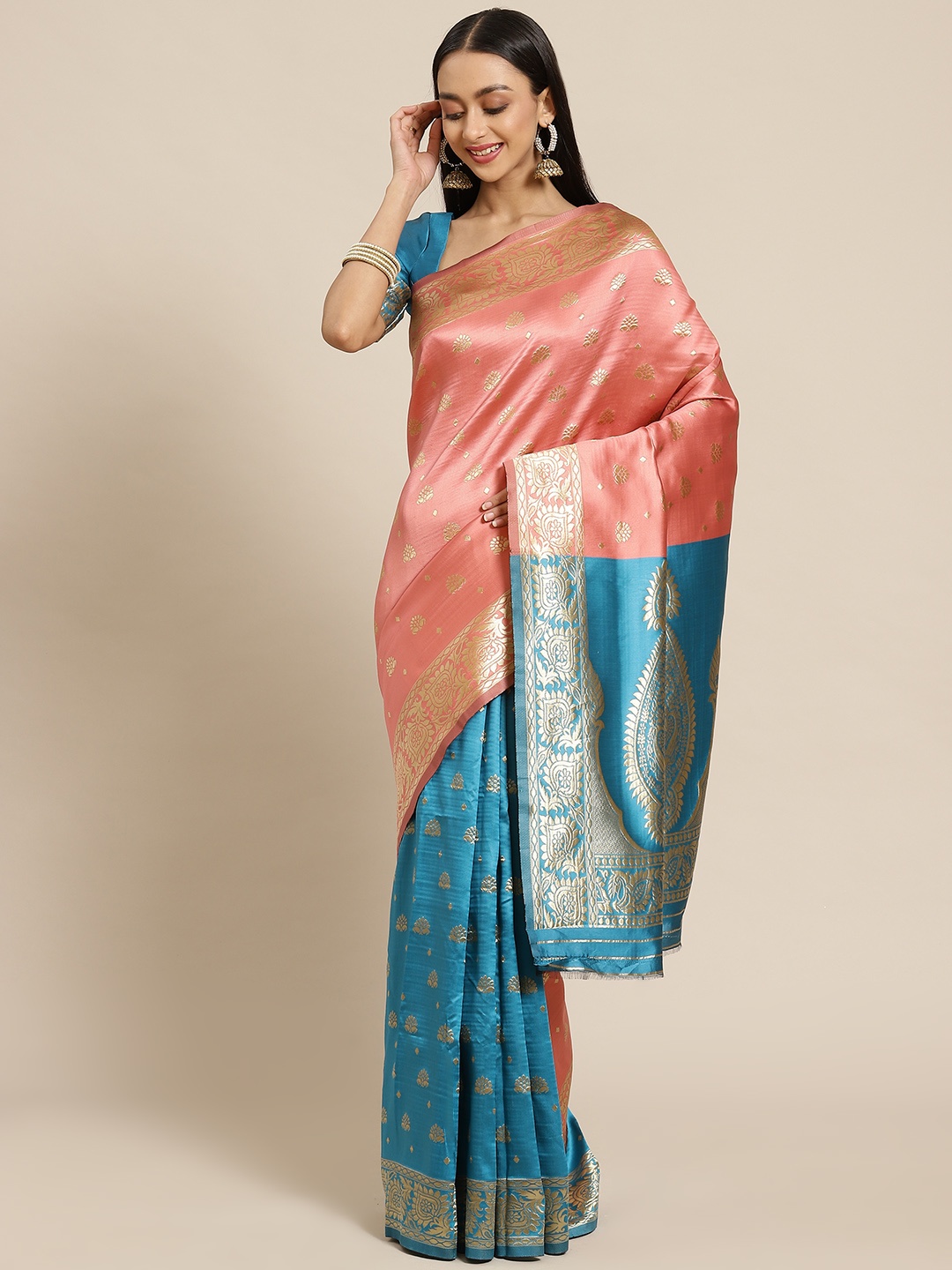 

SARIYA Peach-Coloured & Blue Woven Design Silk Blend Banarasi Saree