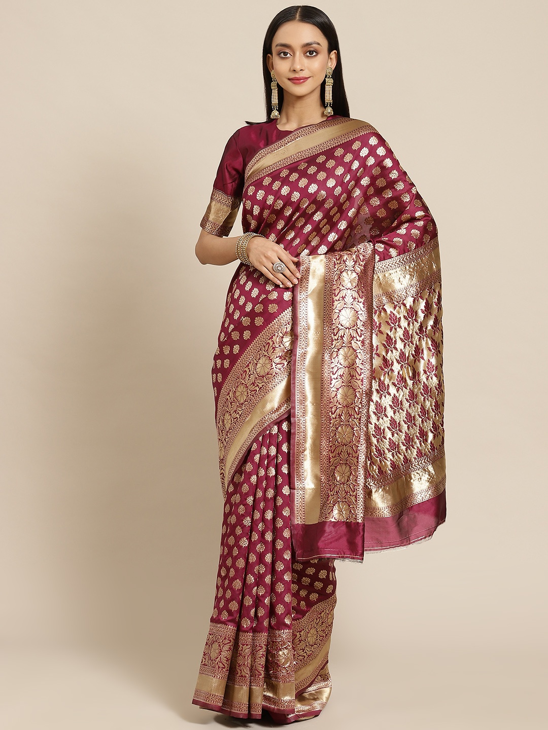 

SARIYA Purple & Gold-Toned Woven Design Silk Blend Banarasi Saree