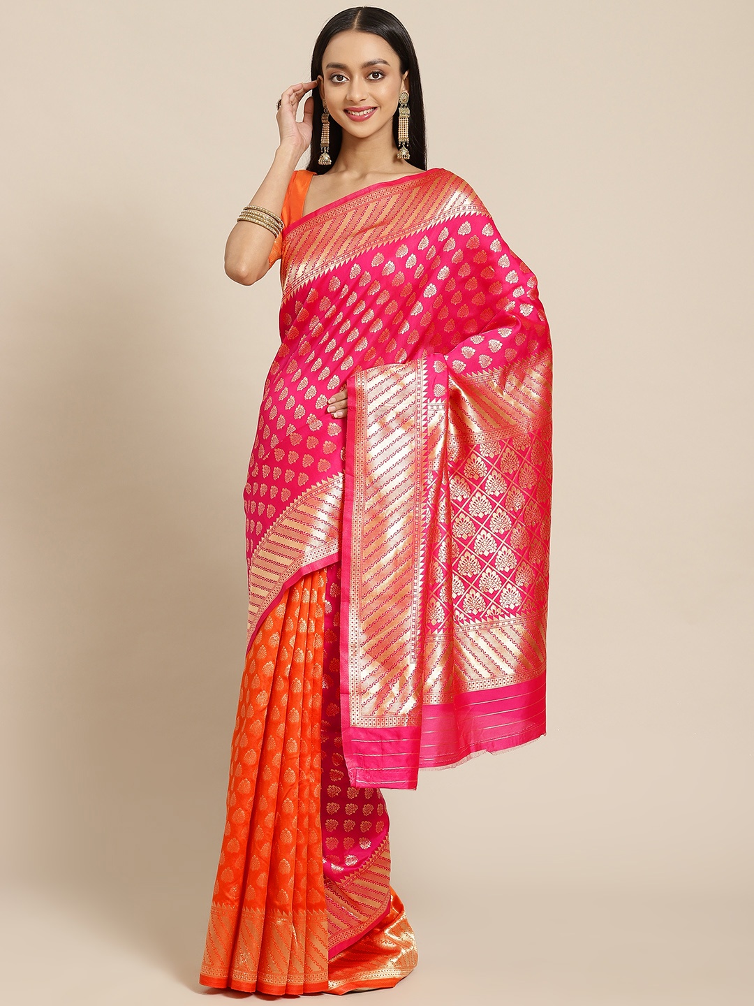 

SARIYA Pink & Orange Woven Design Silk Blend Banarasi Saree