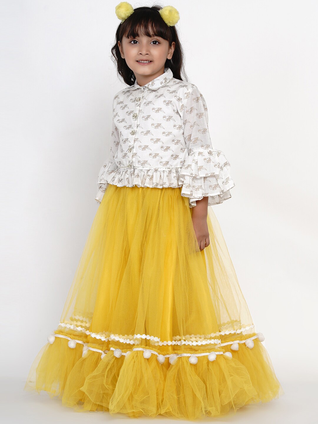 

Bitiya by Bhama Girls Off White & Yellow Printed Block Print Ready to Wear Lehenga Choli