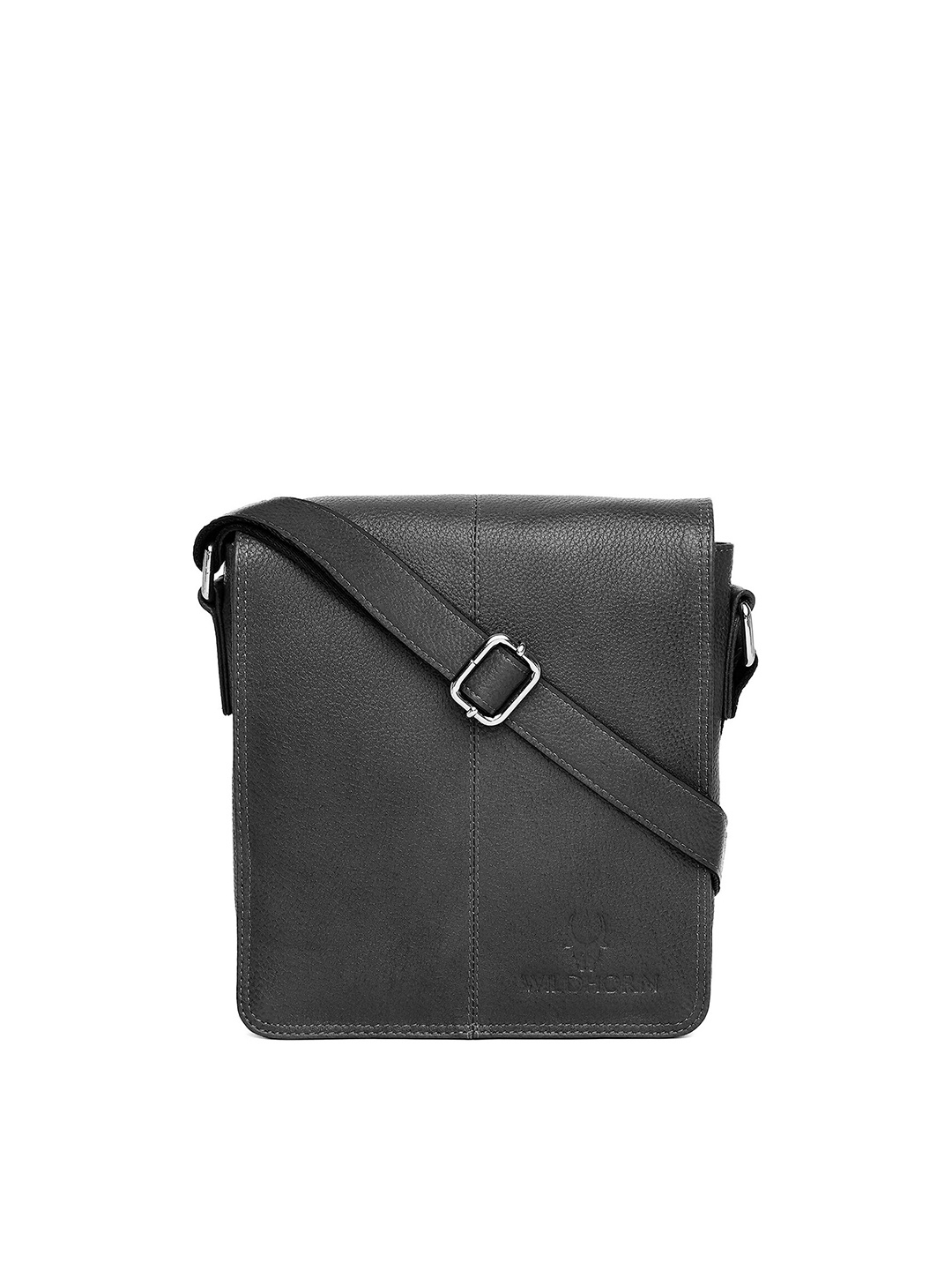 

WildHorn Men Black Textured Leather Messenger Bag