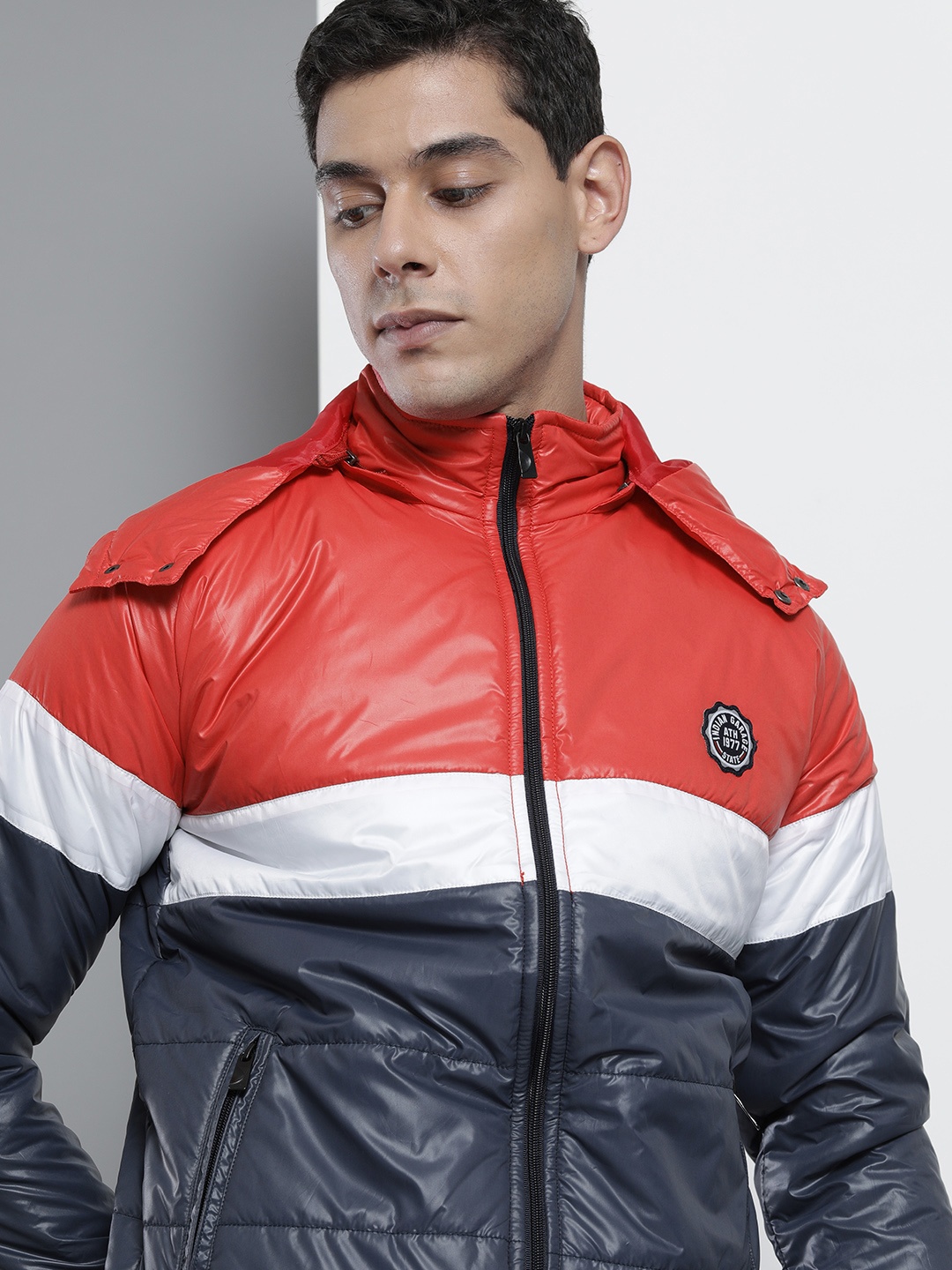 

The Indian Garage Co Men Slim Fit Biker Jacket with Detachable Hood, Navy blue