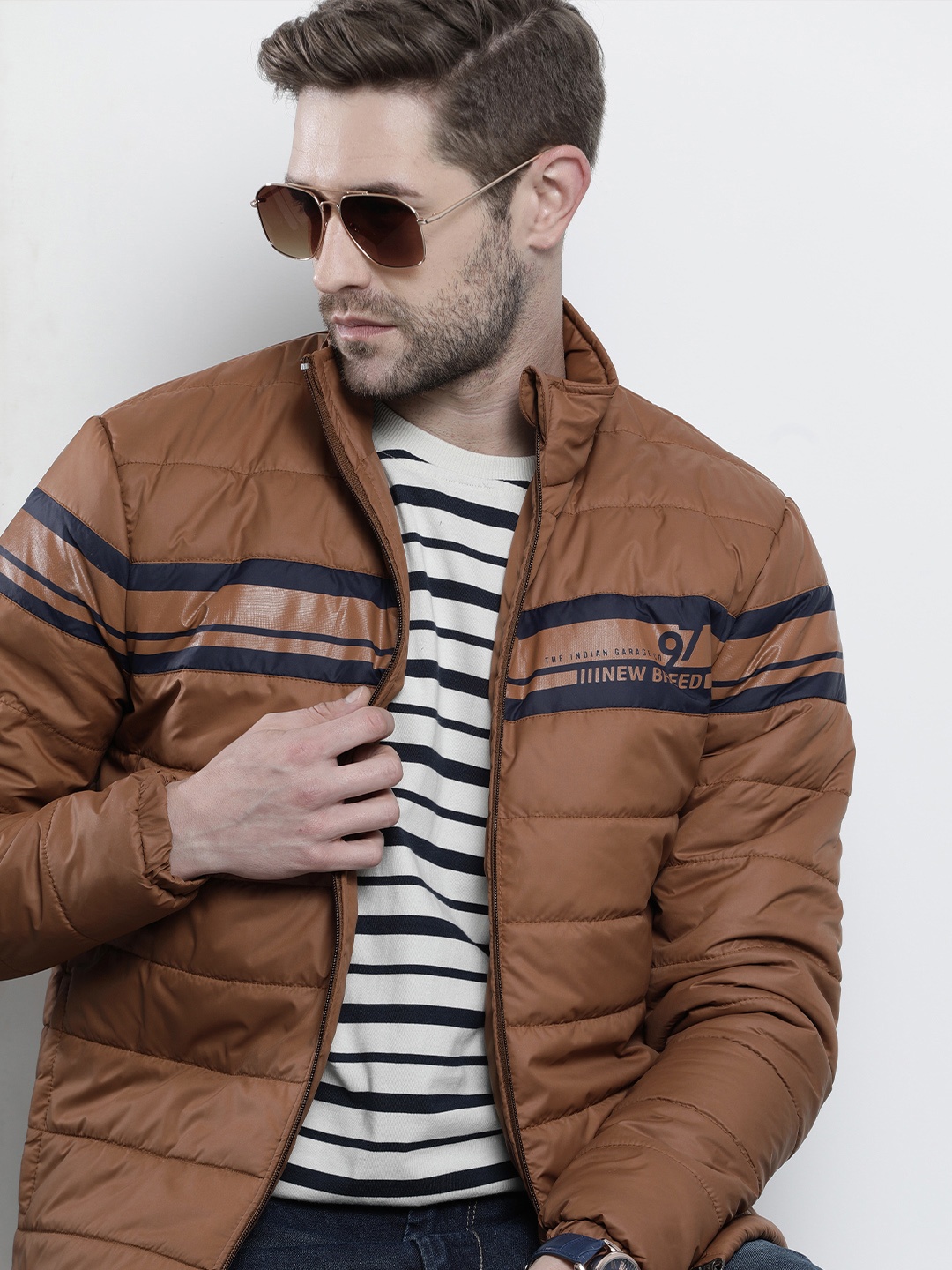 

The Indian Garage Co Men Zip-Front Slim Fit Bomber Jacket, Brown